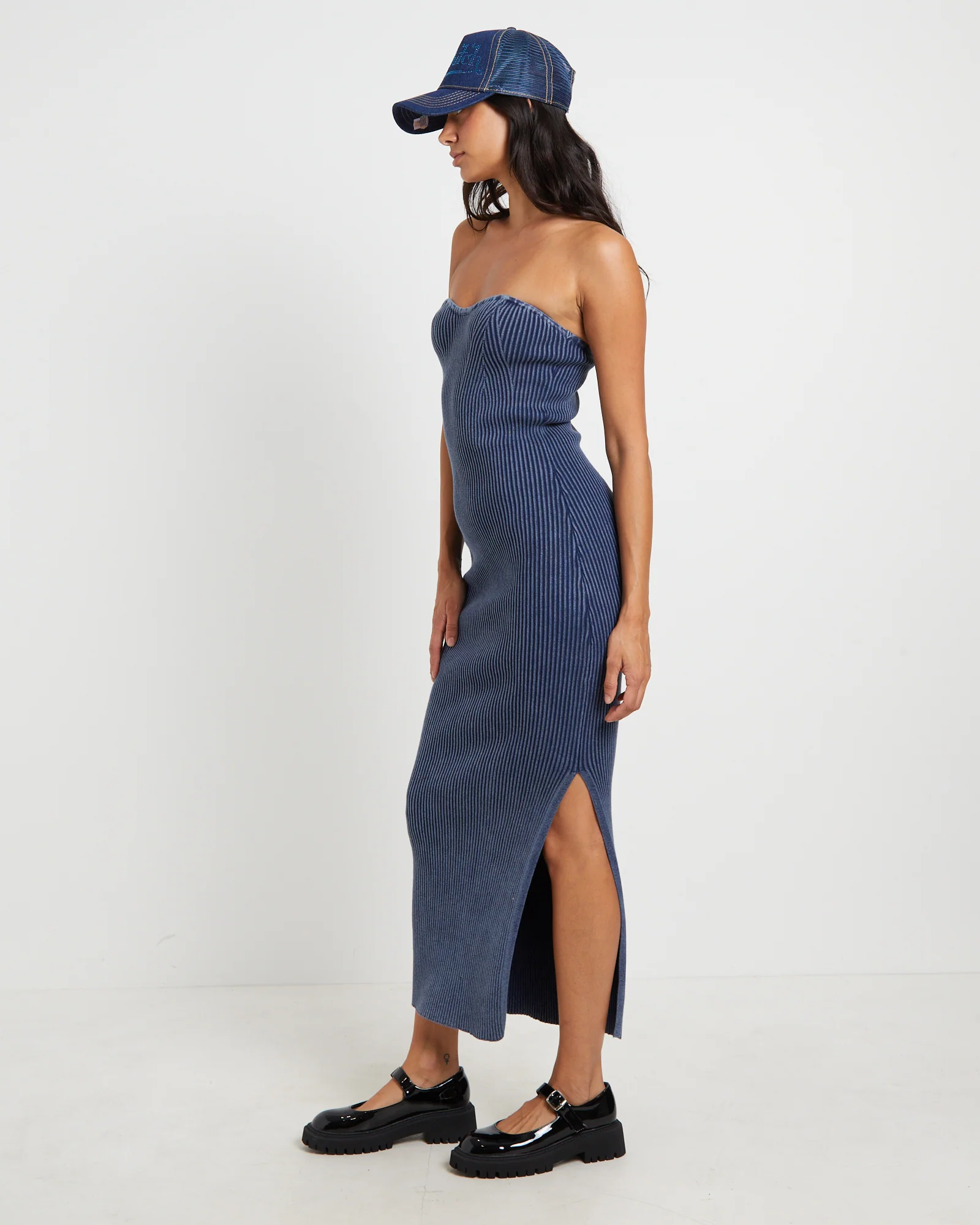 Kiah Acid Rib Knit Bandeau Midi Dress in Blue - Image 4