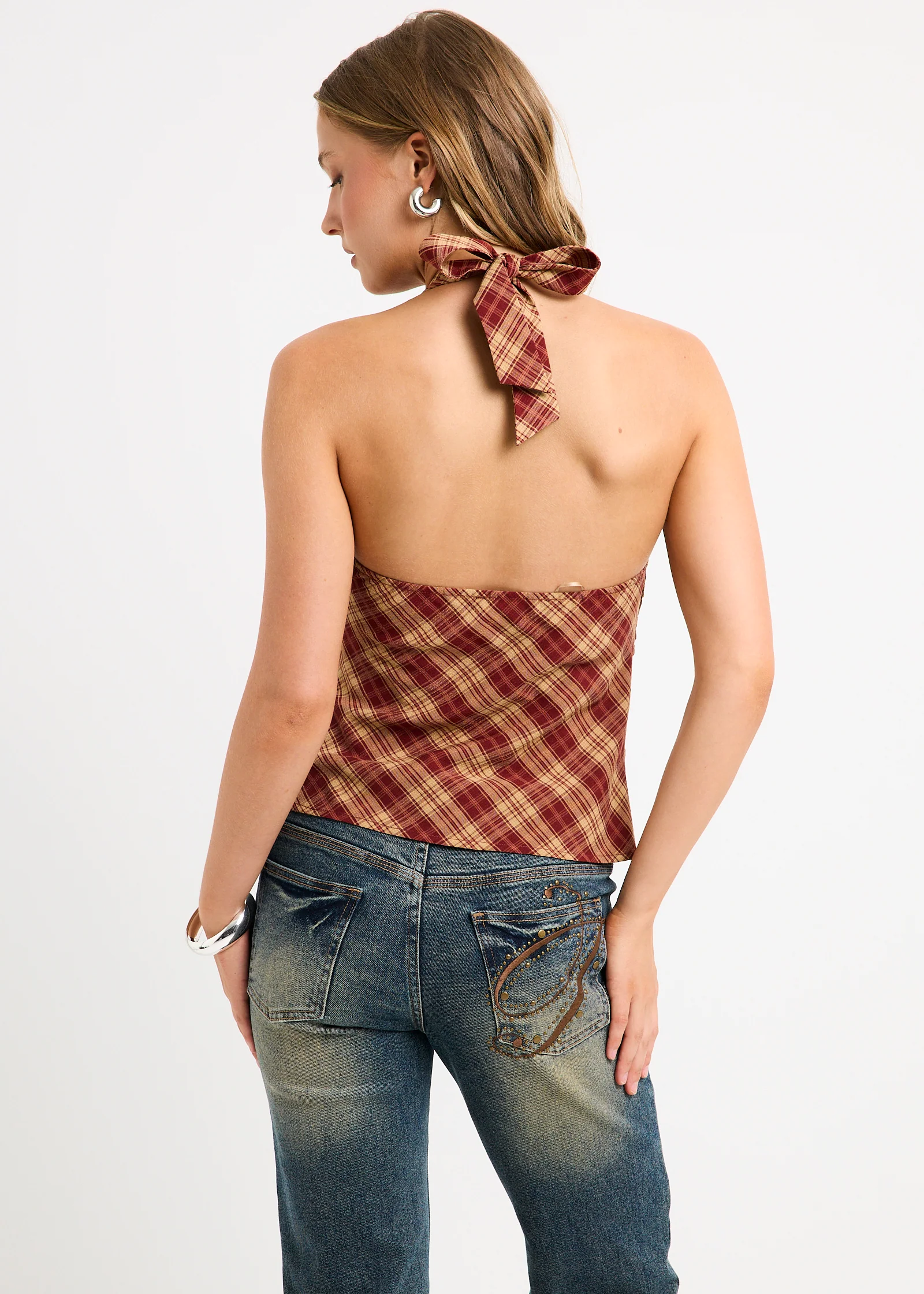 Kiera Ruched Check Halter Top - Image 2