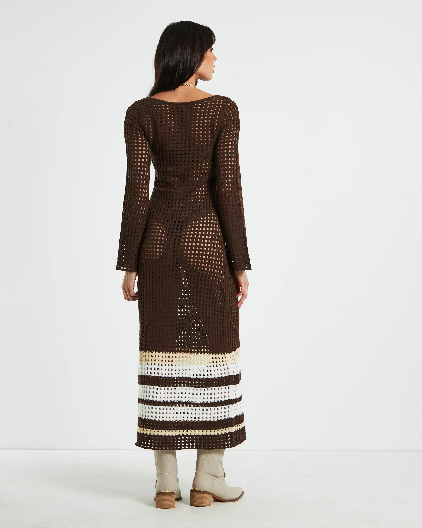 Kimmy Crochet Stripe Midi Dress Chocolate in Brown - Image 2