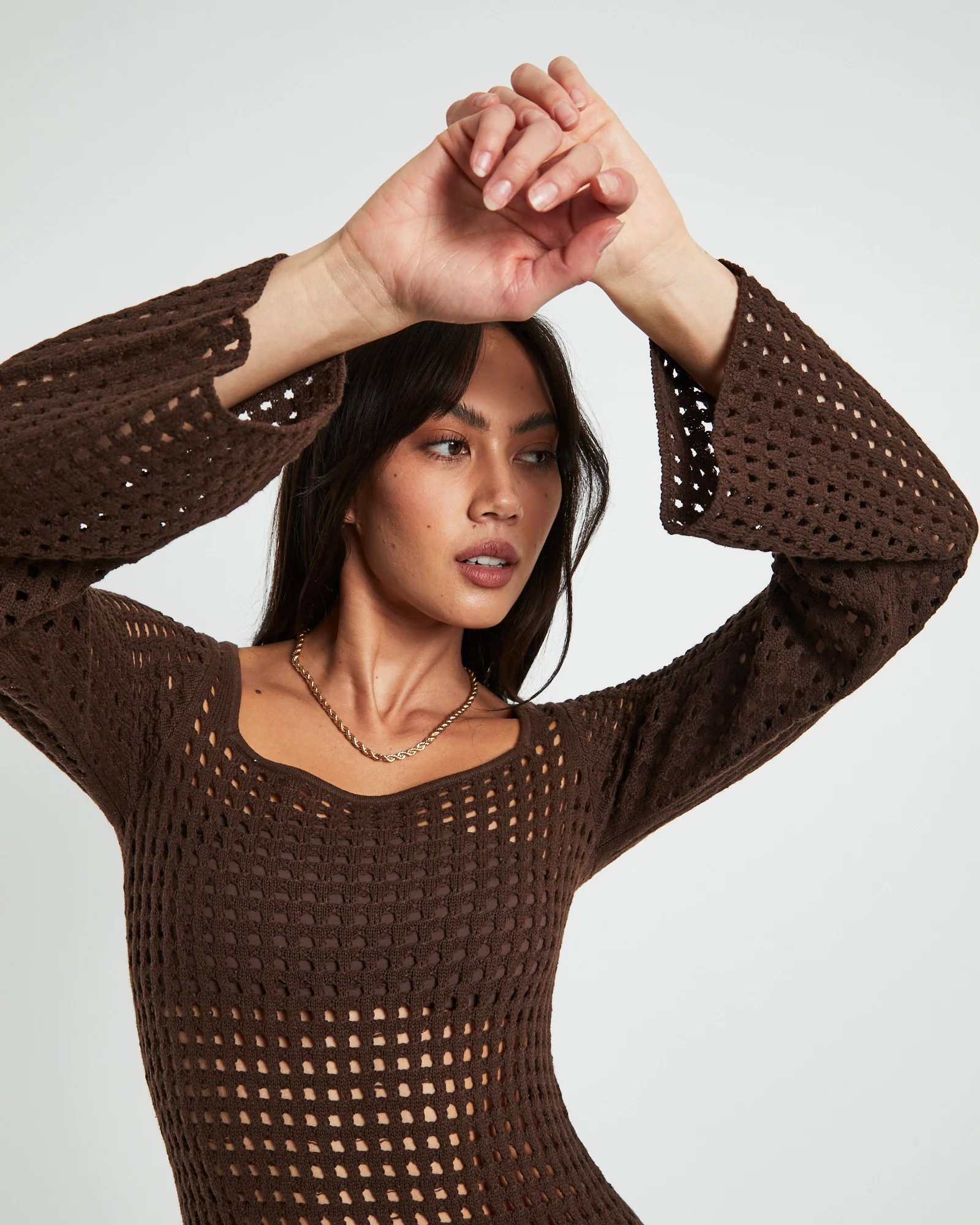 Kimmy Crochet Stripe Midi Dress Chocolate in Brown - Image 5