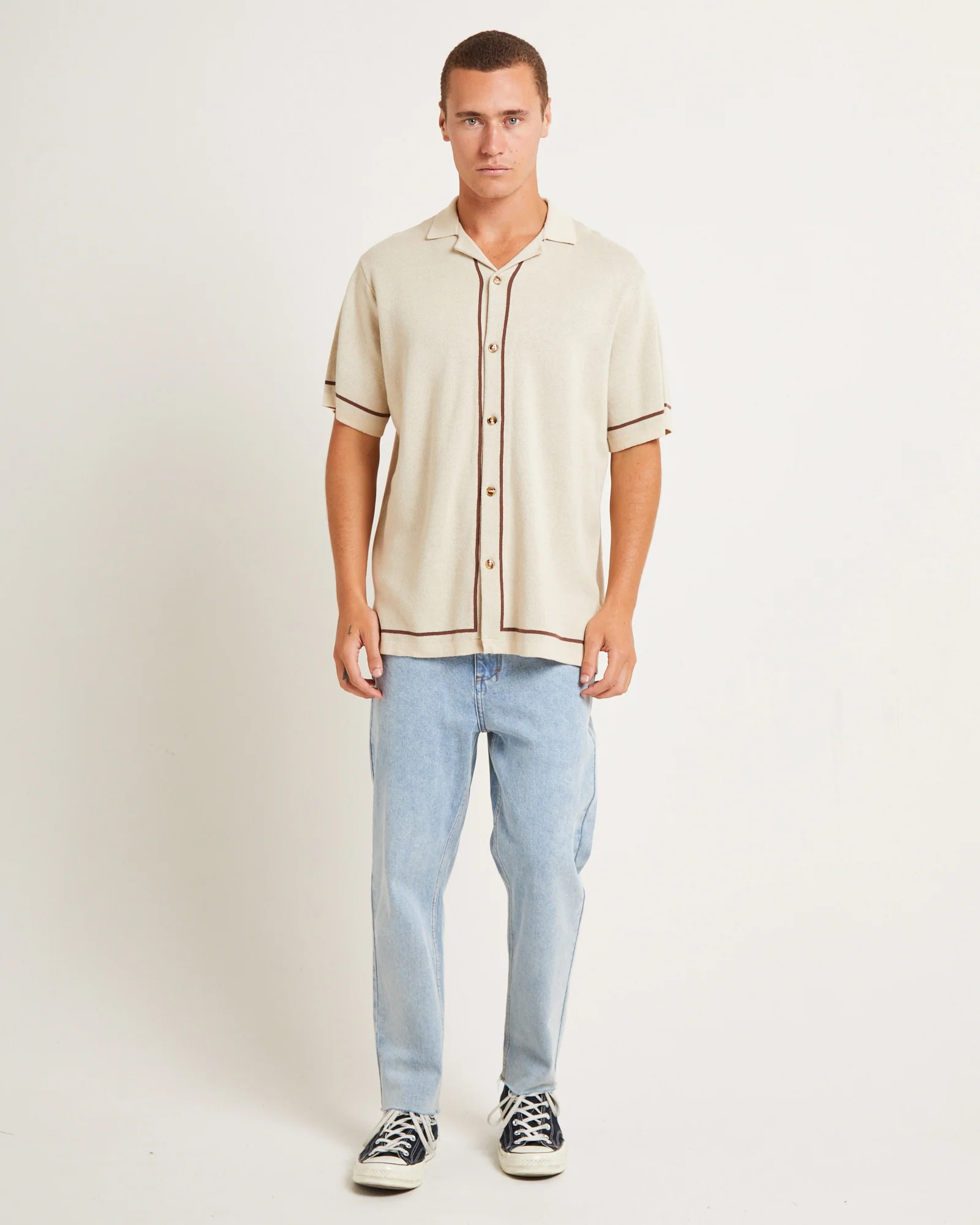 Knit Bowling Short Sleeve Shirt in Natural - Image 3