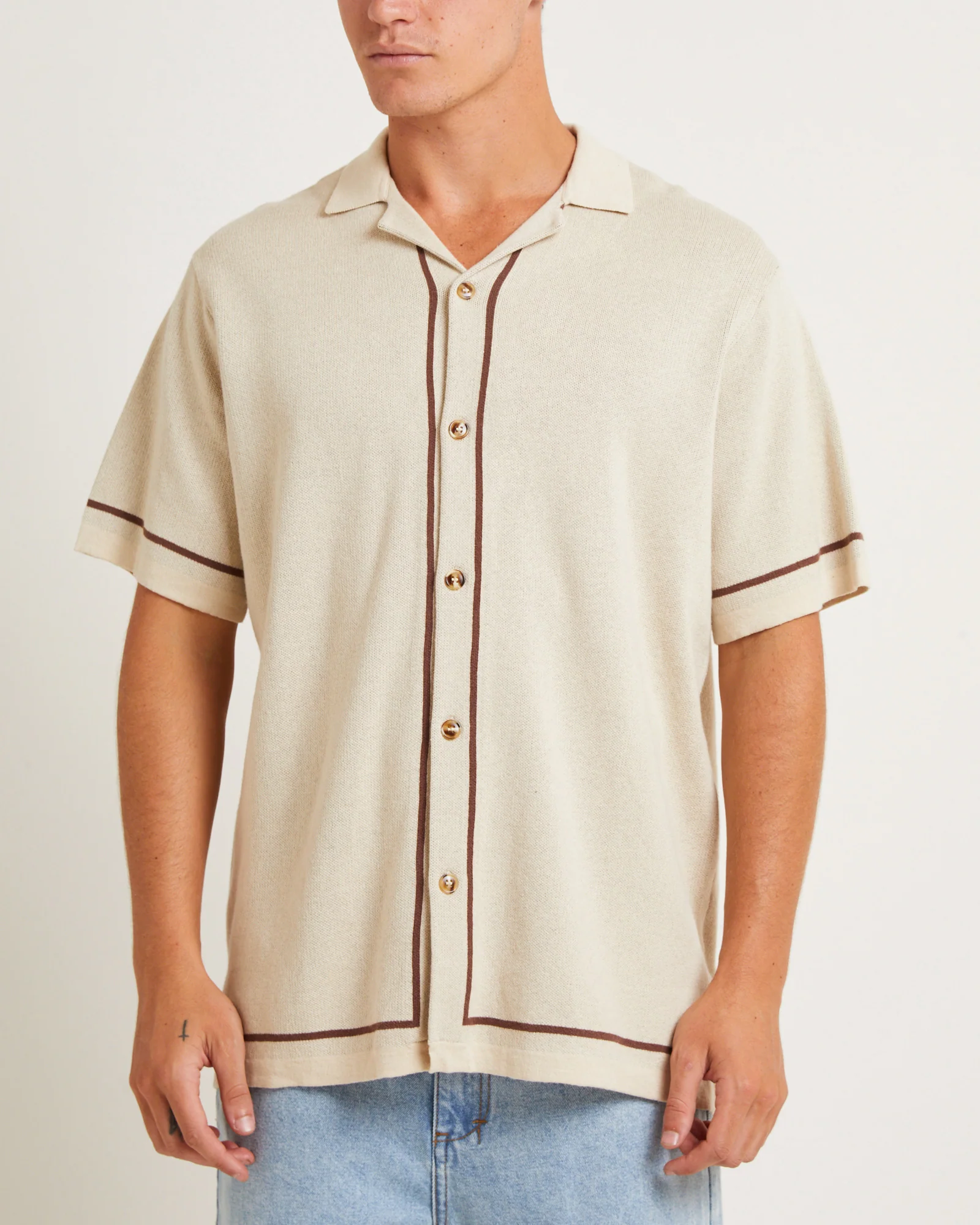 Knit Bowling Short Sleeve Shirt in Natural - Image 5