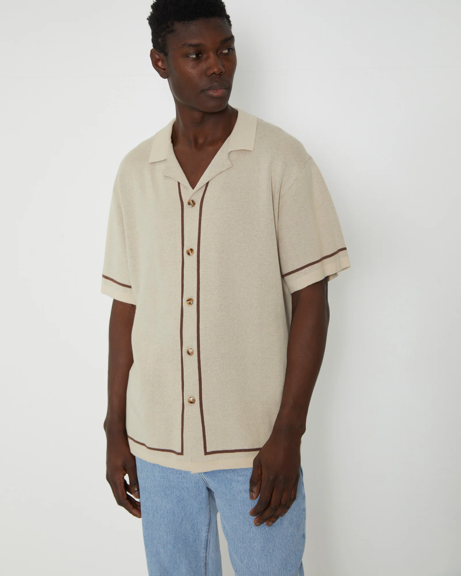 Knit Bowling Short Sleeve Shirt in Natural - Image 6