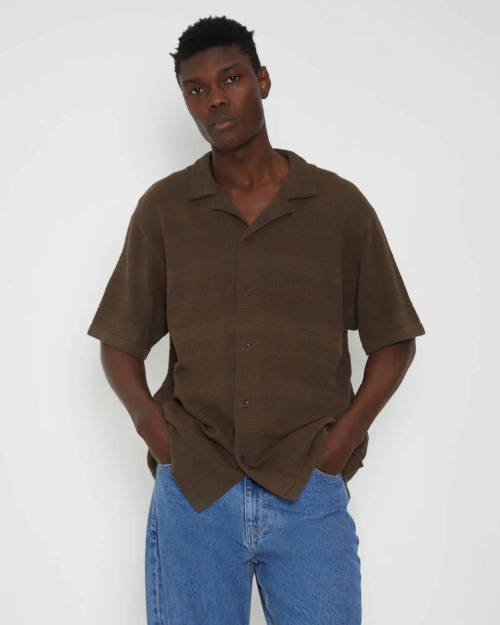 Knitted Resort Short Sleeve Shirt in Brown - Image 5