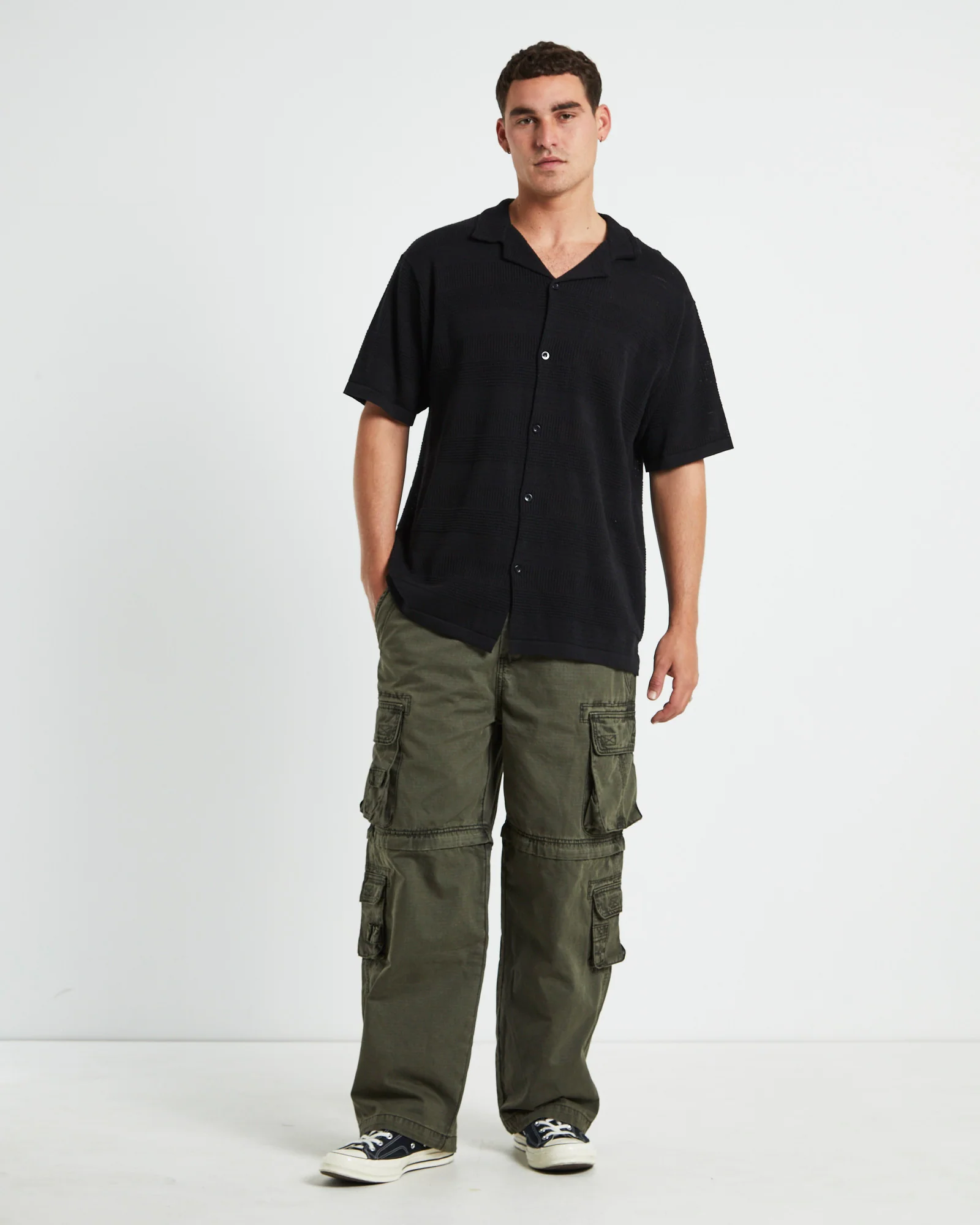 Knitted Short Sleeve Resort Shirt in Black - Image 3
