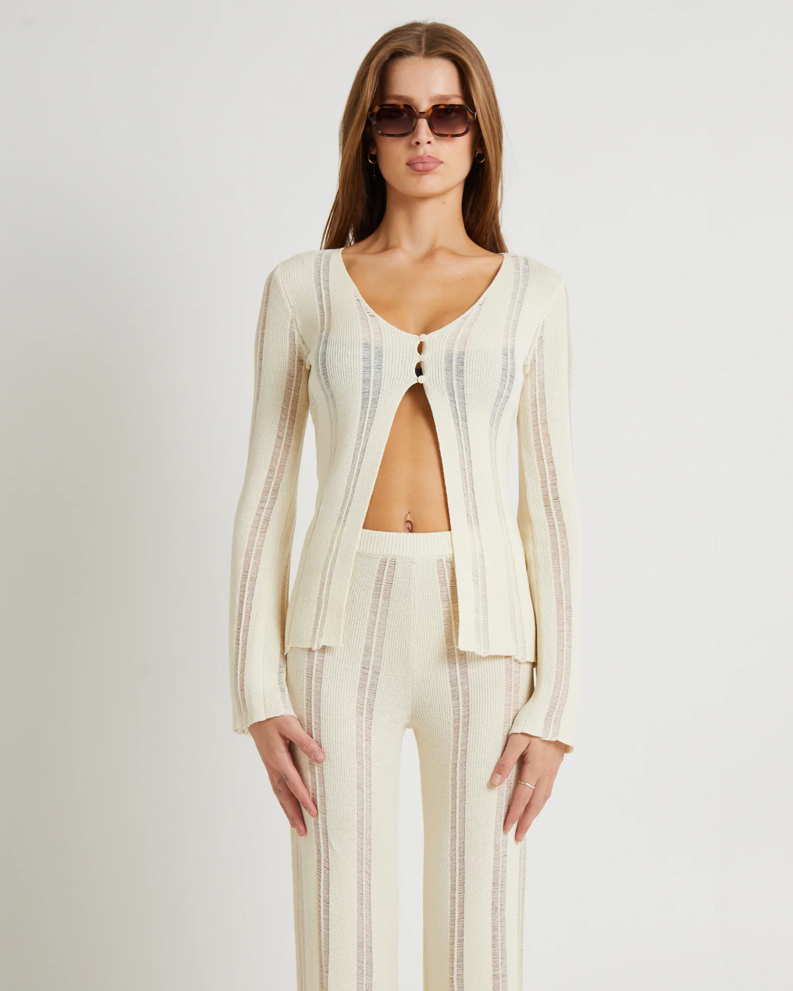 Ladder Knit Button Long Sleeve Top - Image 2