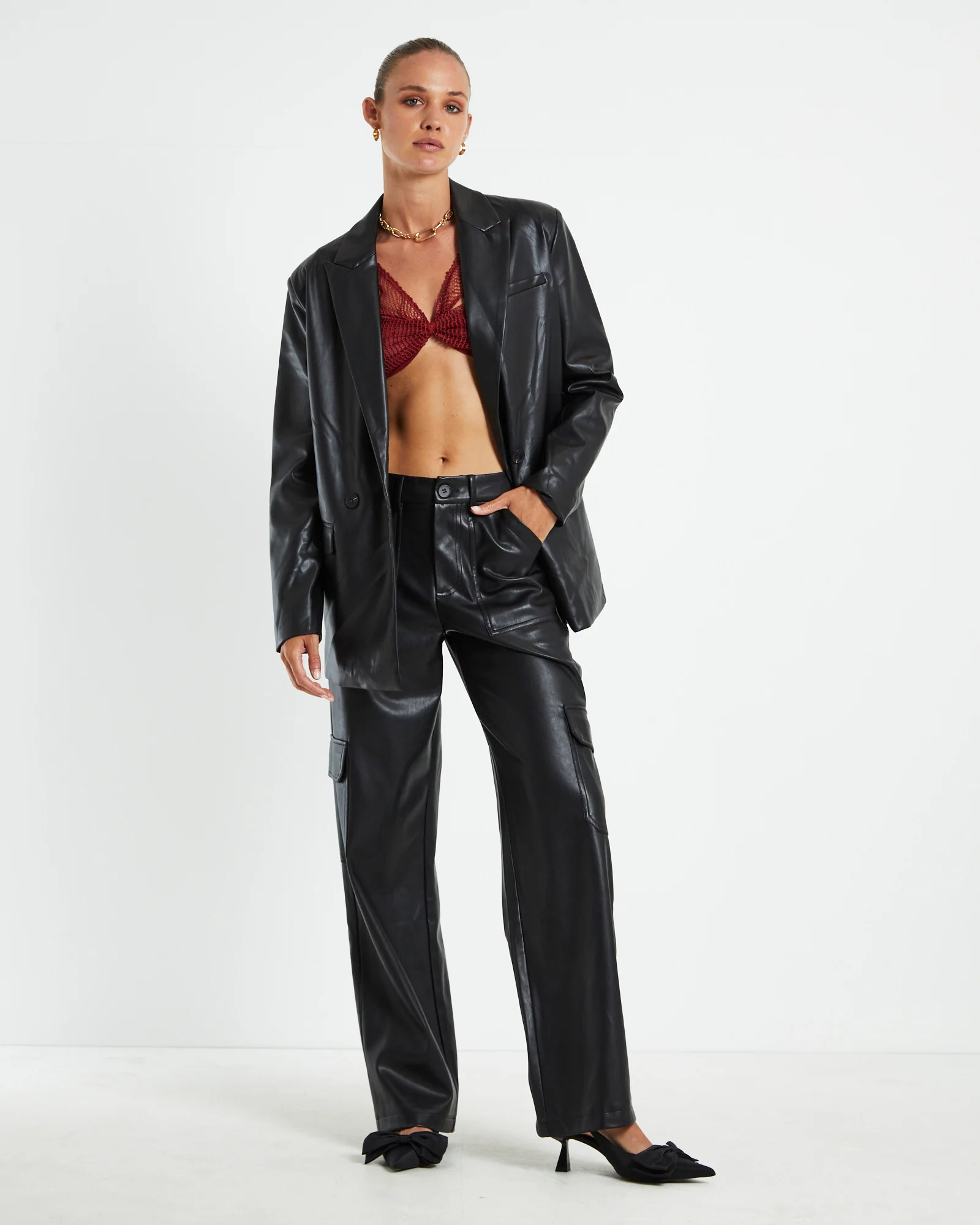 Layla Leather Look Cargo Pants Black - Image 3