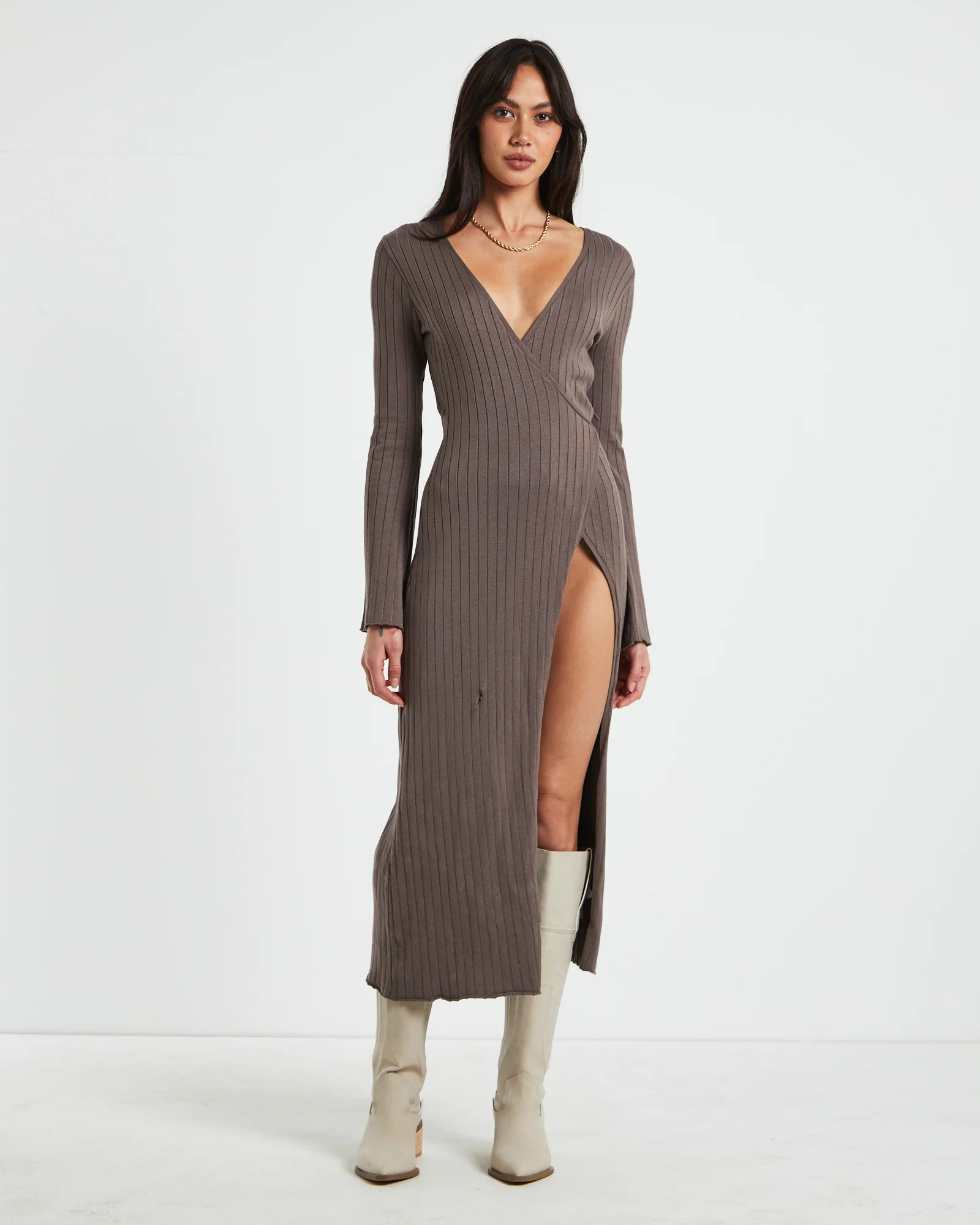 Mara Wrap Knit Midi Dress Mocha - Image 4