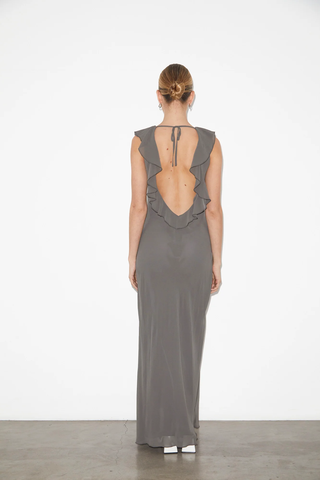 Marta Ruffle Sheer Maxi Dress in Charcoal - Image 2