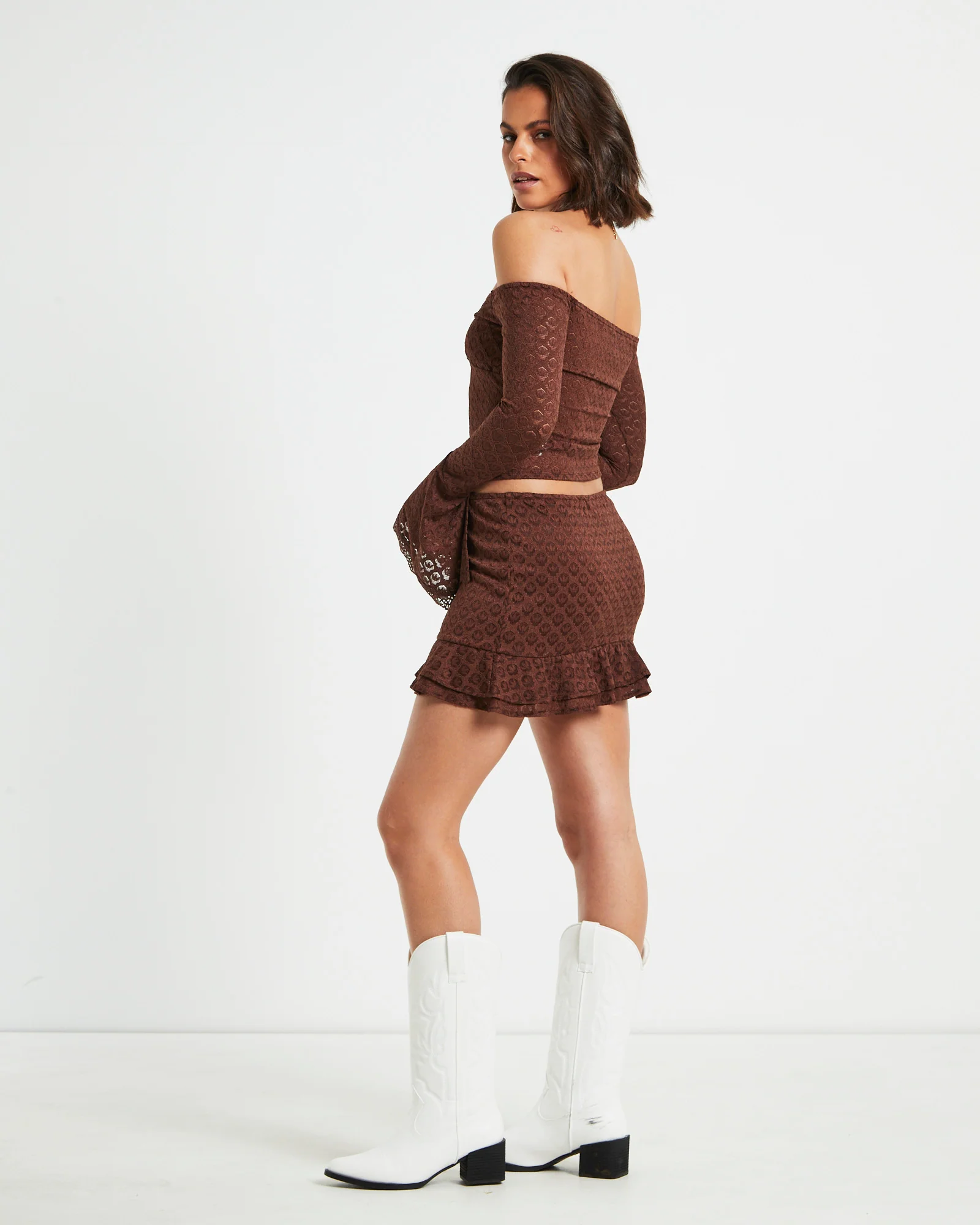 Maya Off Shoulder Long Sleeve Lace Top in Chocolate Brown - Image 4