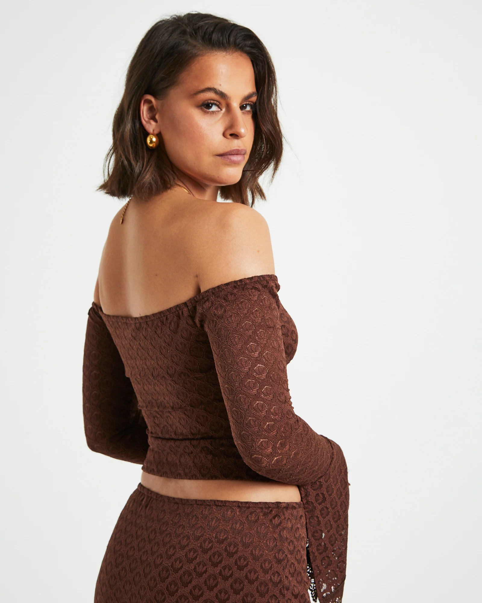 Maya Off Shoulder Long Sleeve Lace Top in Chocolate Brown - Image 5