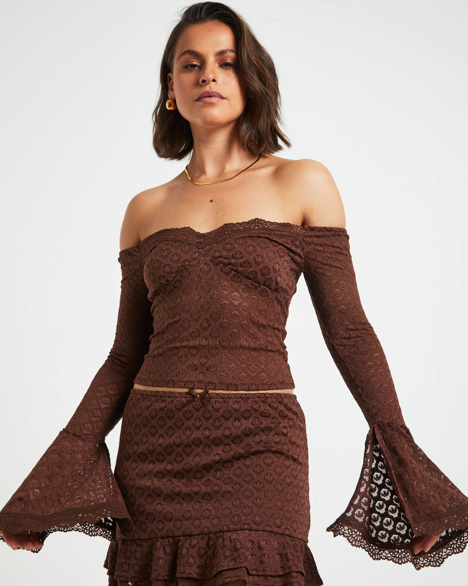 Maya Off Shoulder Long Sleeve Lace Top in Chocolate Brown - Image 6