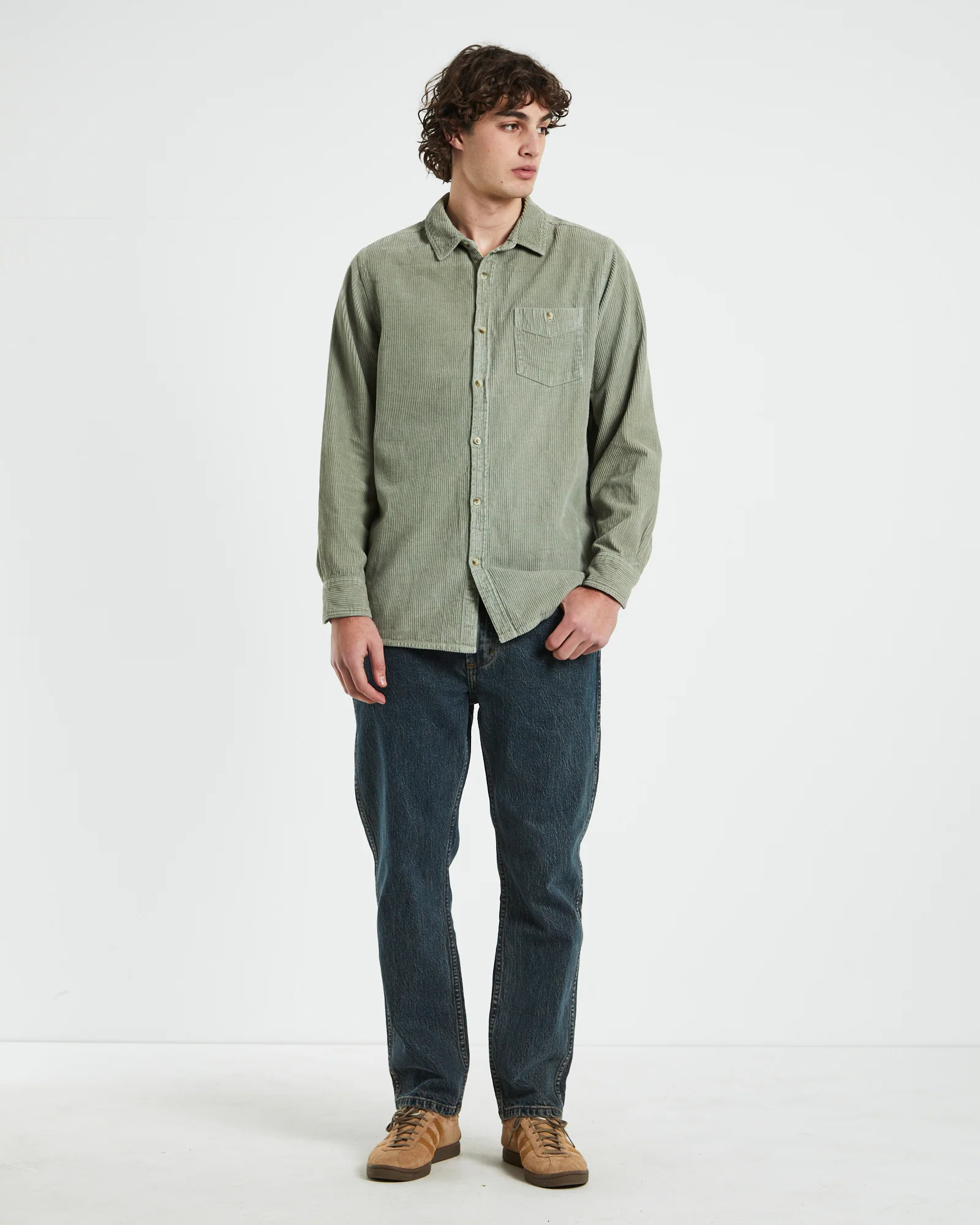 Men At Work Fat Cord Long Sleeve Shirt in Moss Green - Image 3