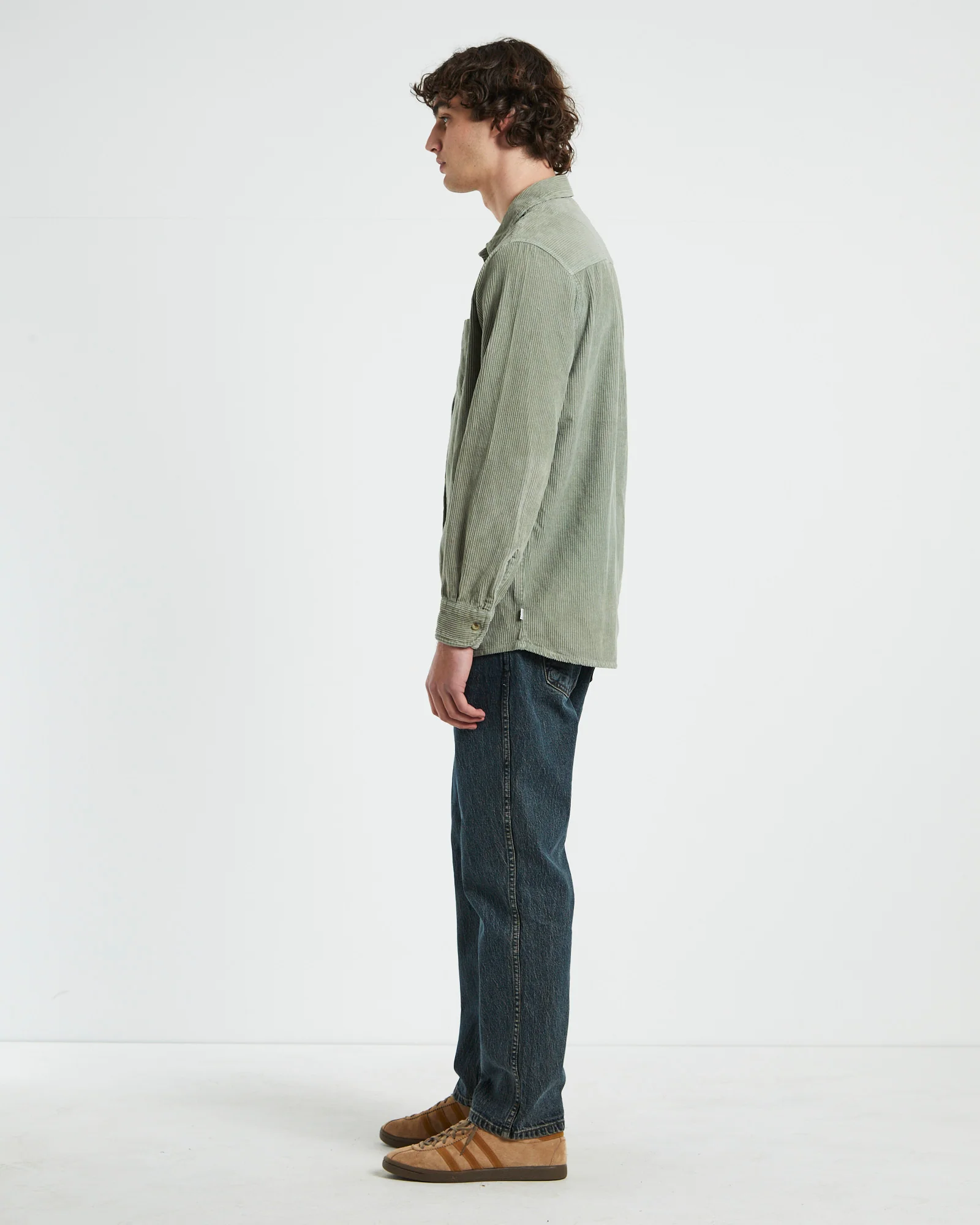 Men At Work Fat Cord Long Sleeve Shirt in Moss Green - Image 4