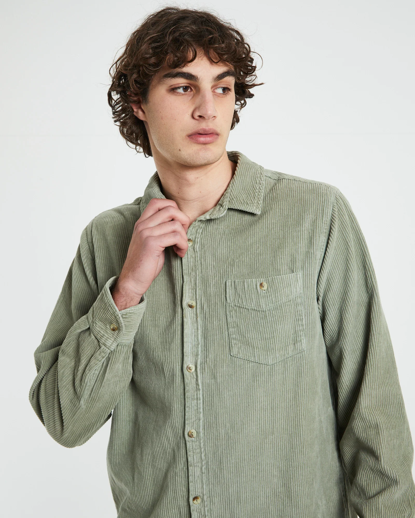 Men At Work Fat Cord Long Sleeve Shirt in Moss Green - Image 5