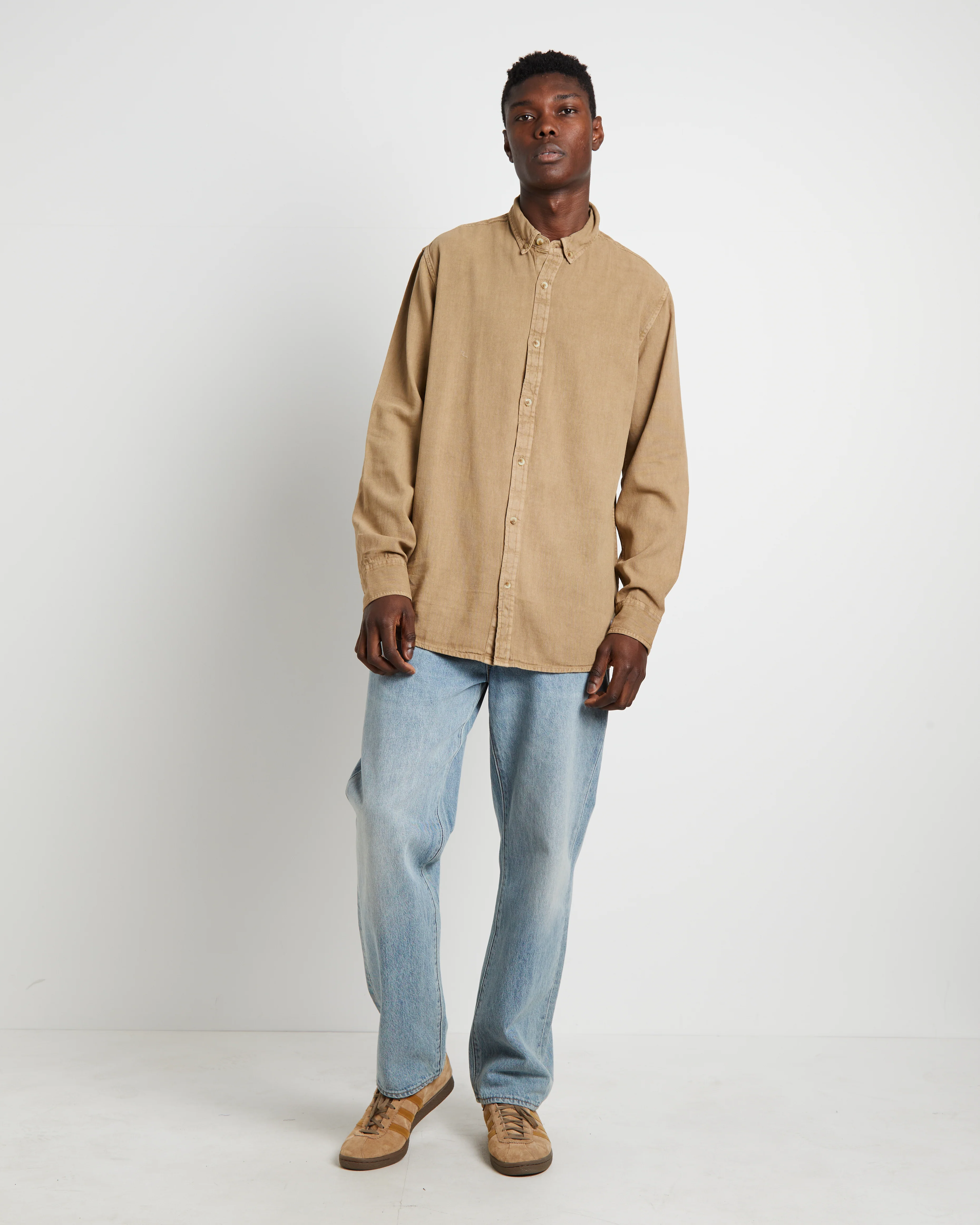 Men At Work Oxford Long Sleeve Shirt in Sand - Image 3