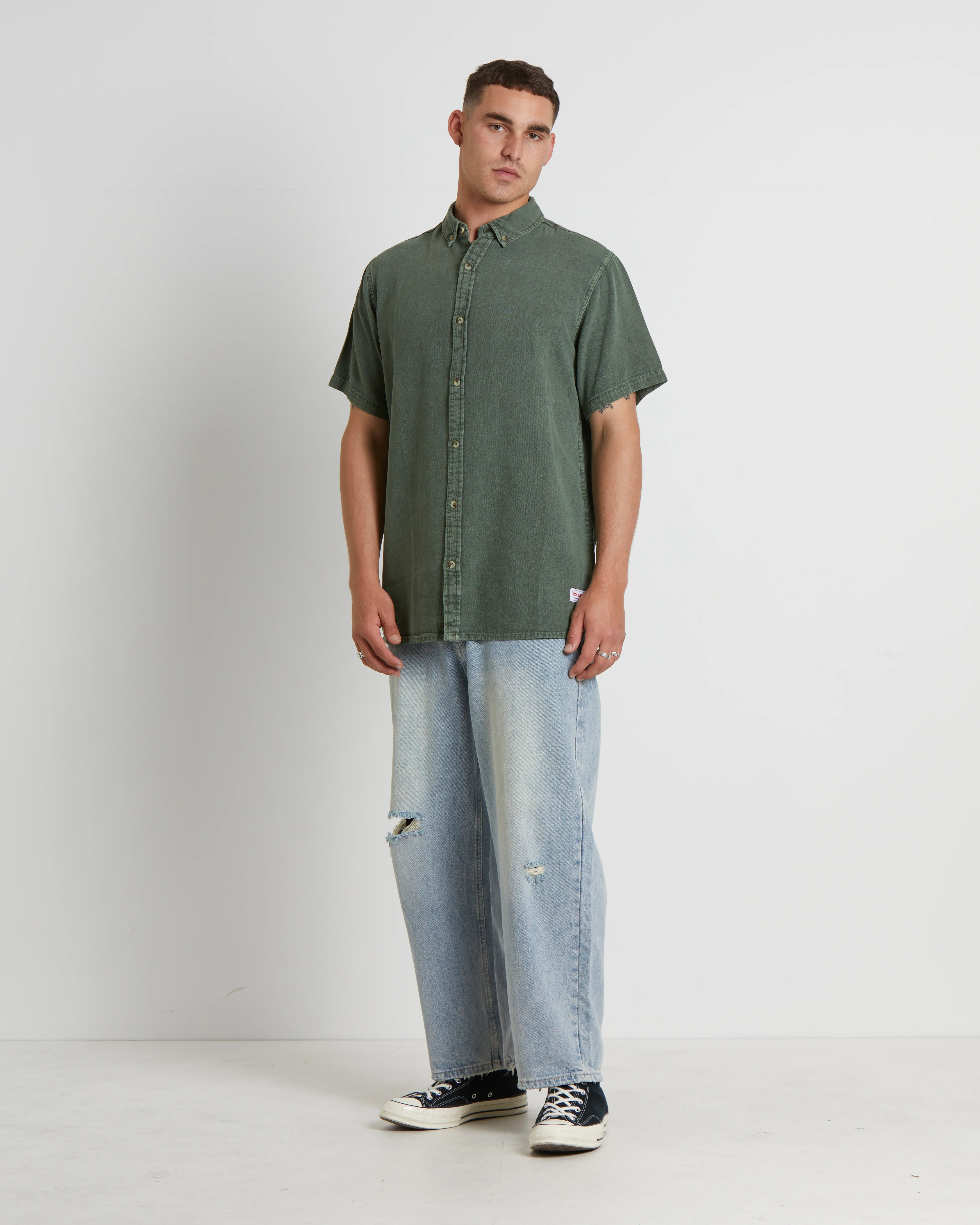 Men At Work Oxford Short Sleeve Shirt in Thyme Green - Image 3