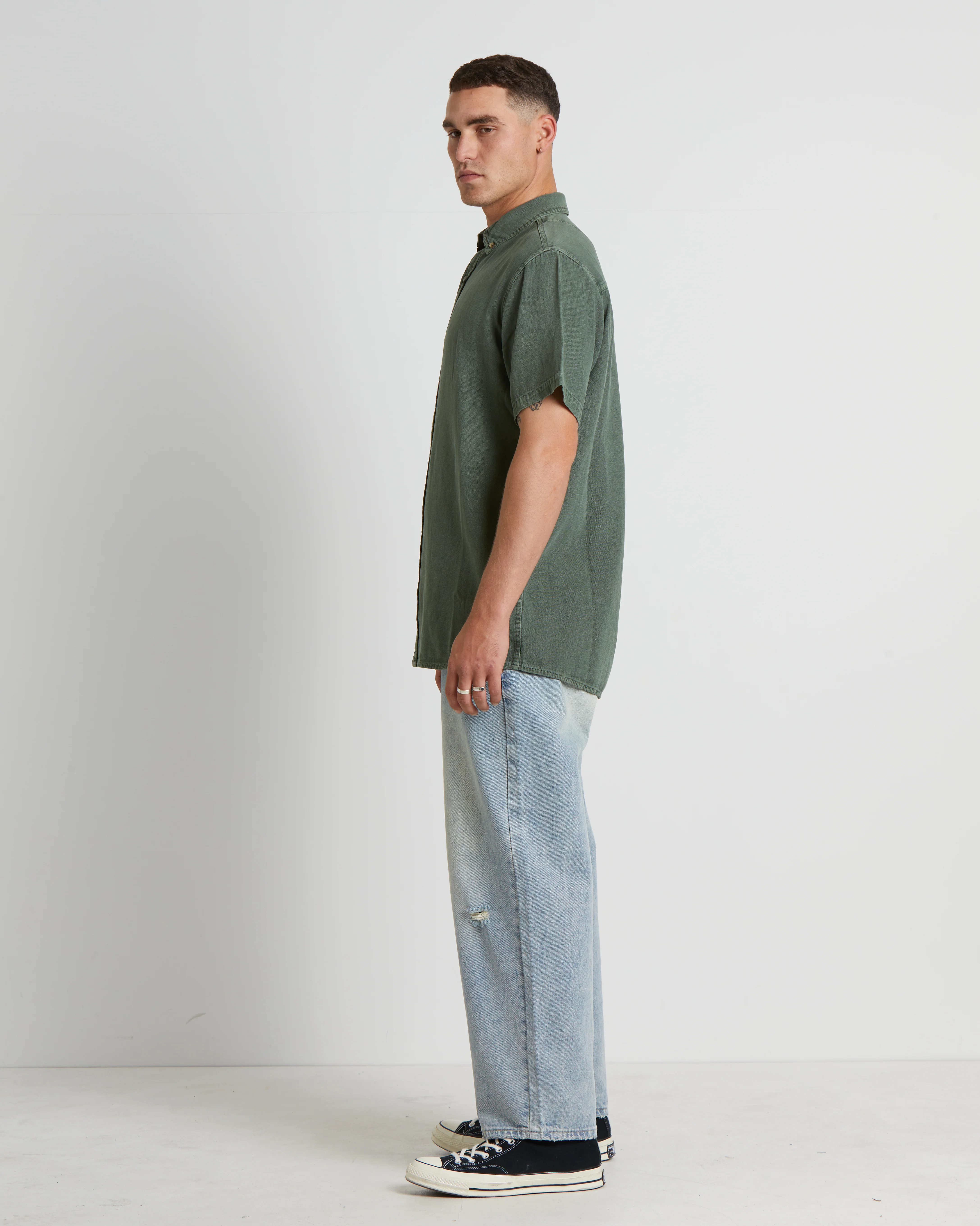 Men At Work Oxford Short Sleeve Shirt in Thyme Green - Image 4