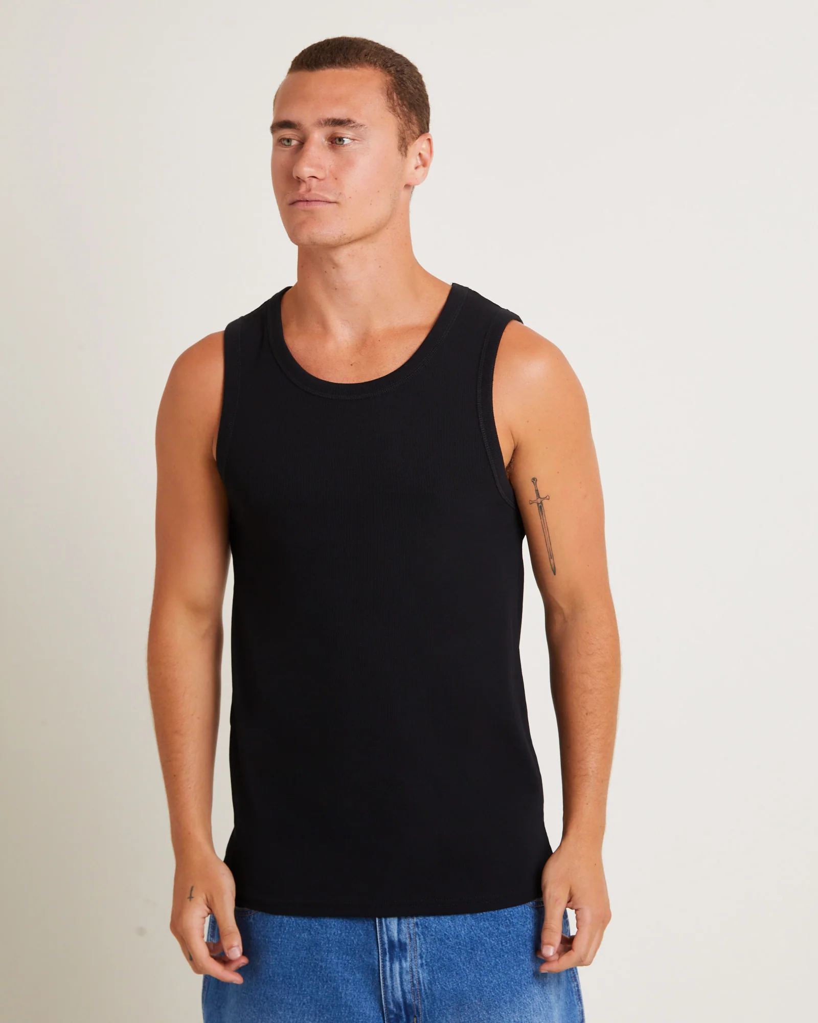 Mens Ribbed Singlet in Black - Image 5