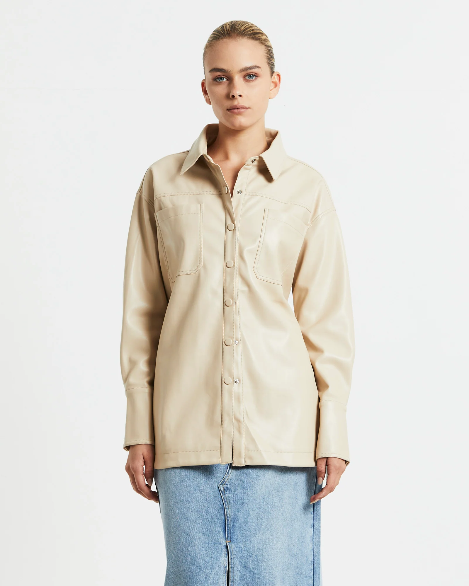 Millie PU Utility Long Sleeve Over Shirt Cream - Image 3
