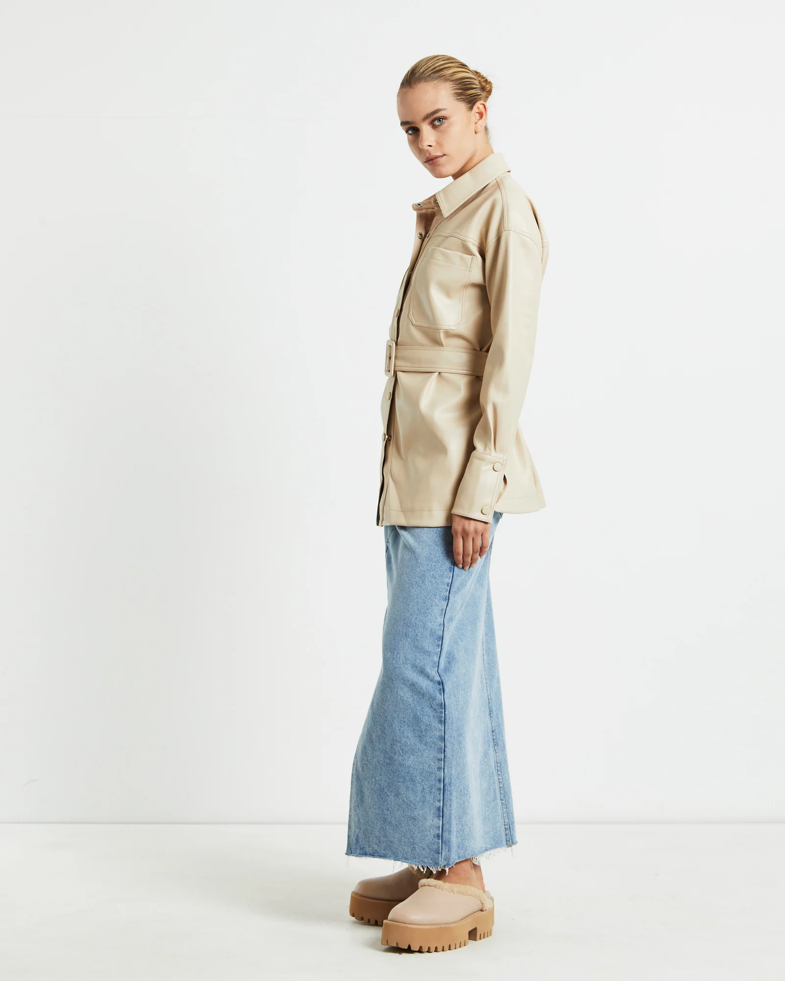 Millie PU Utility Long Sleeve Over Shirt Cream - Image 4