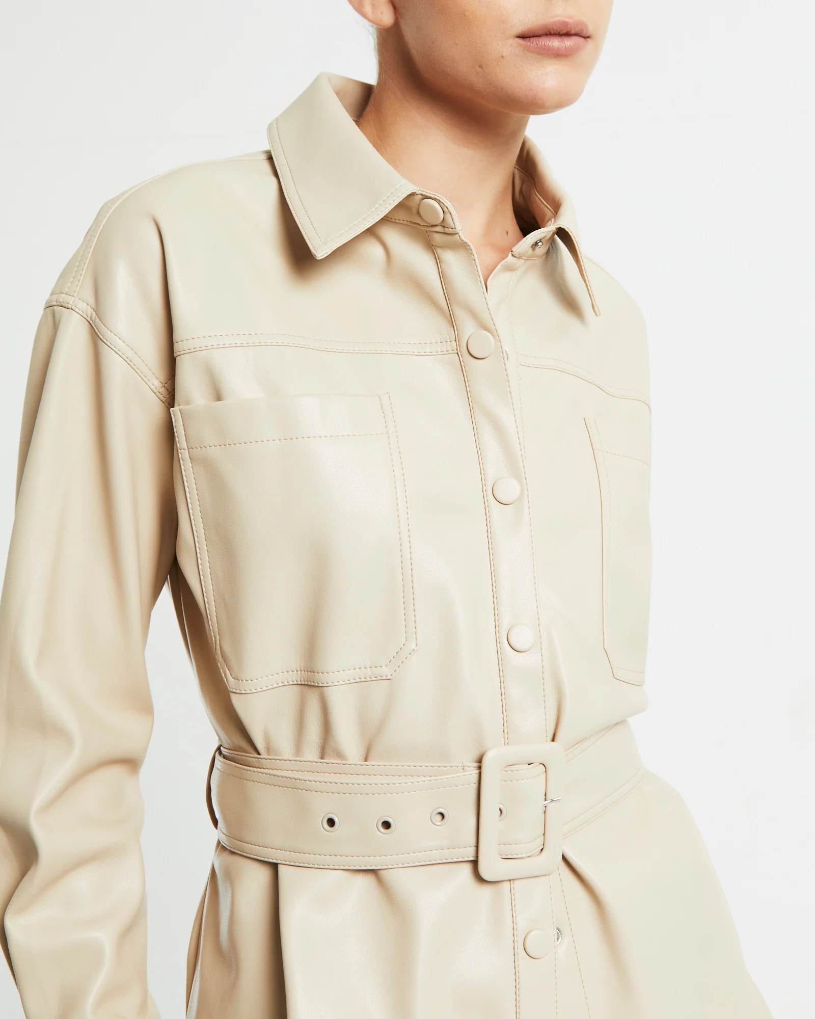 Millie PU Utility Long Sleeve Over Shirt Cream - Image 5