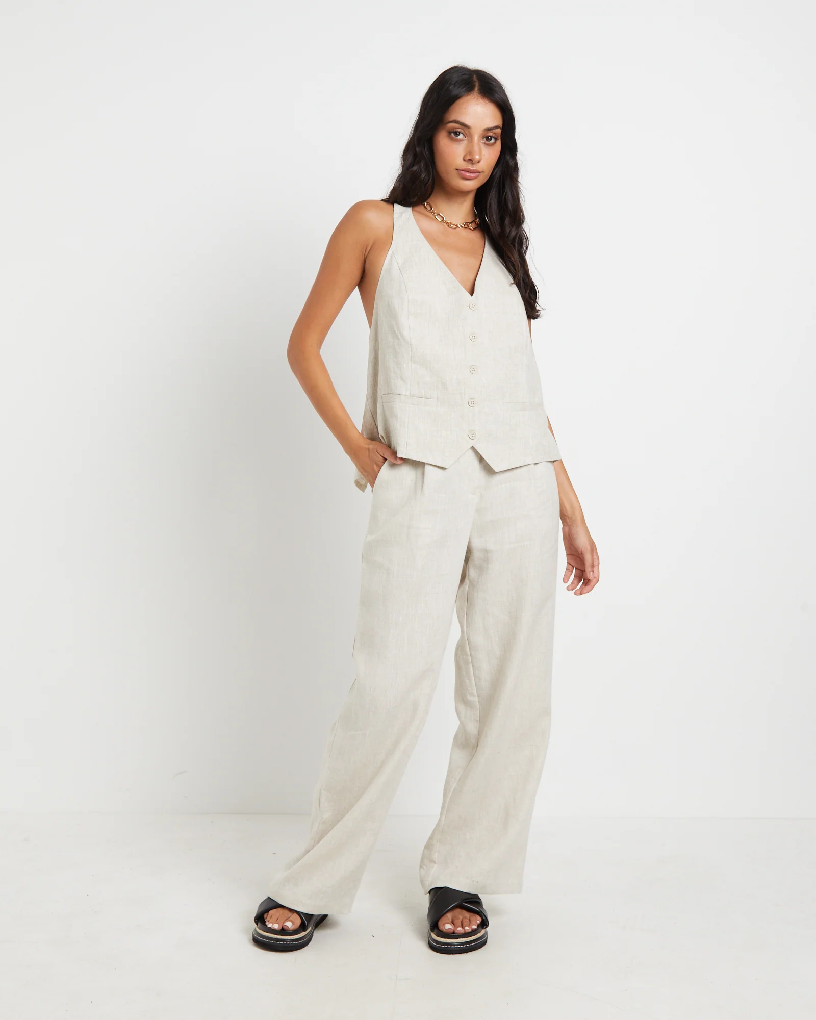 Naomi Linen Halter Vest in Oat Marle - Image 3