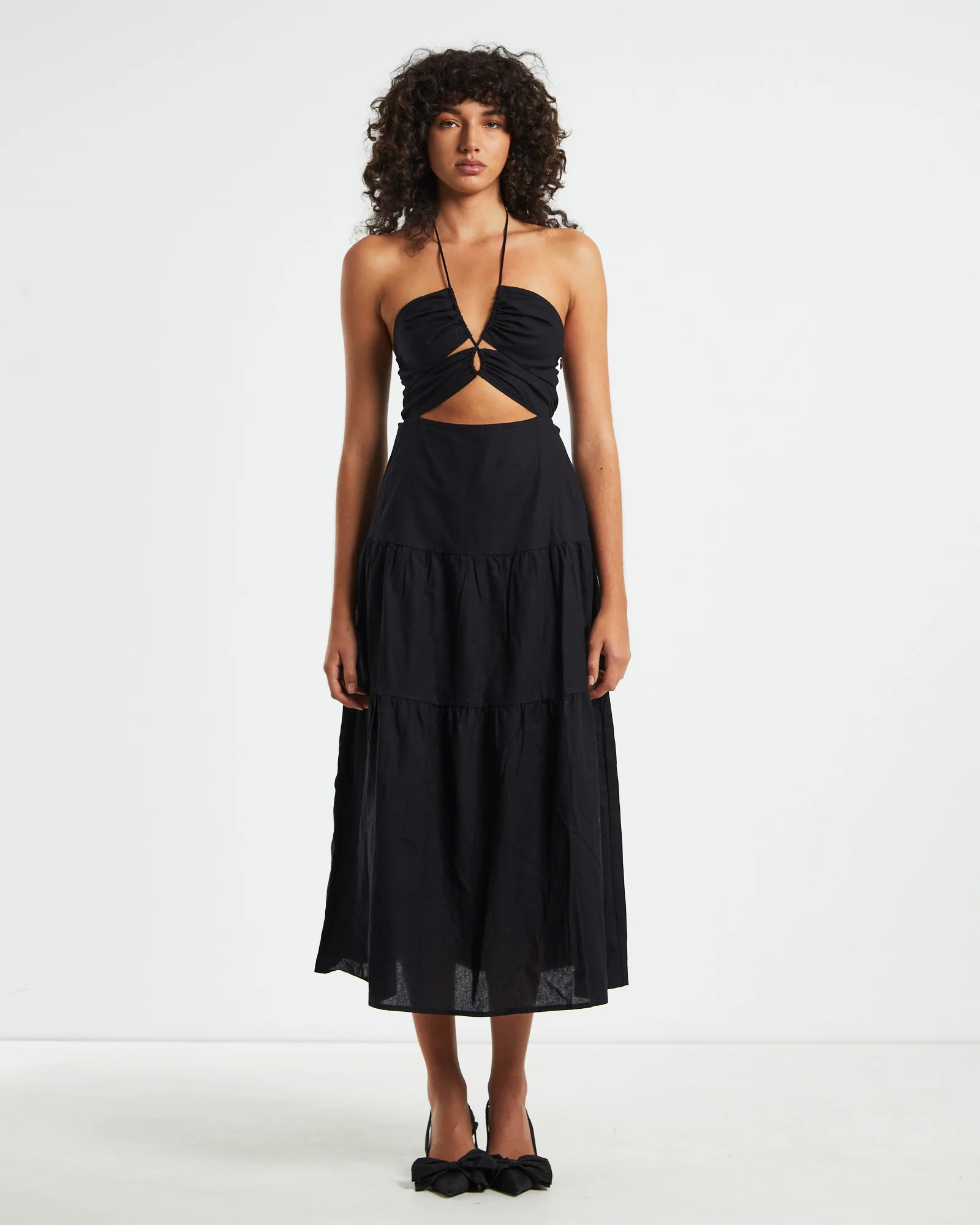 Niah Tiered Tie Up Midi Dress in Black - Image 3