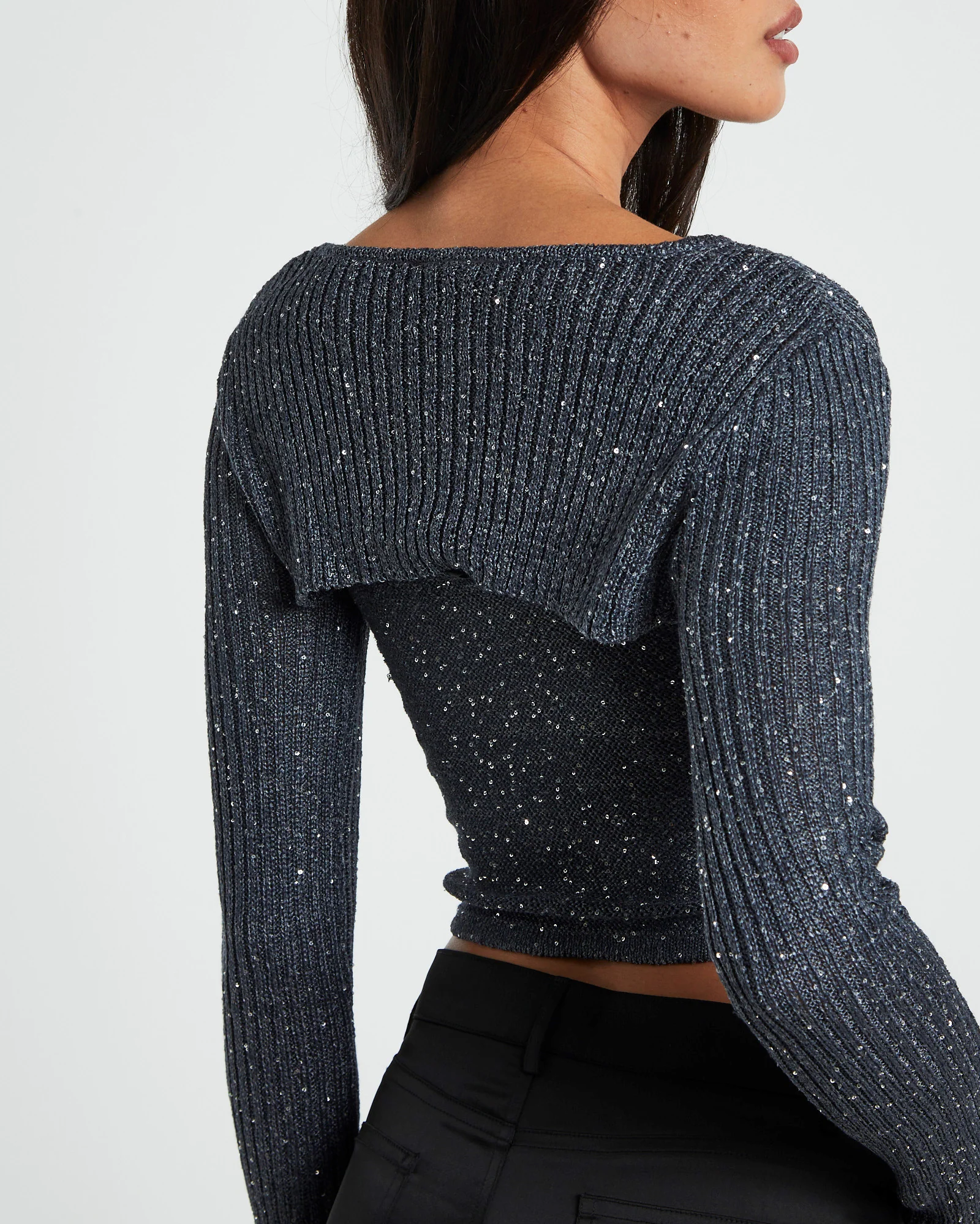 Pixie Metallic Long Sleeve Knit Bolero Grey - Image 6