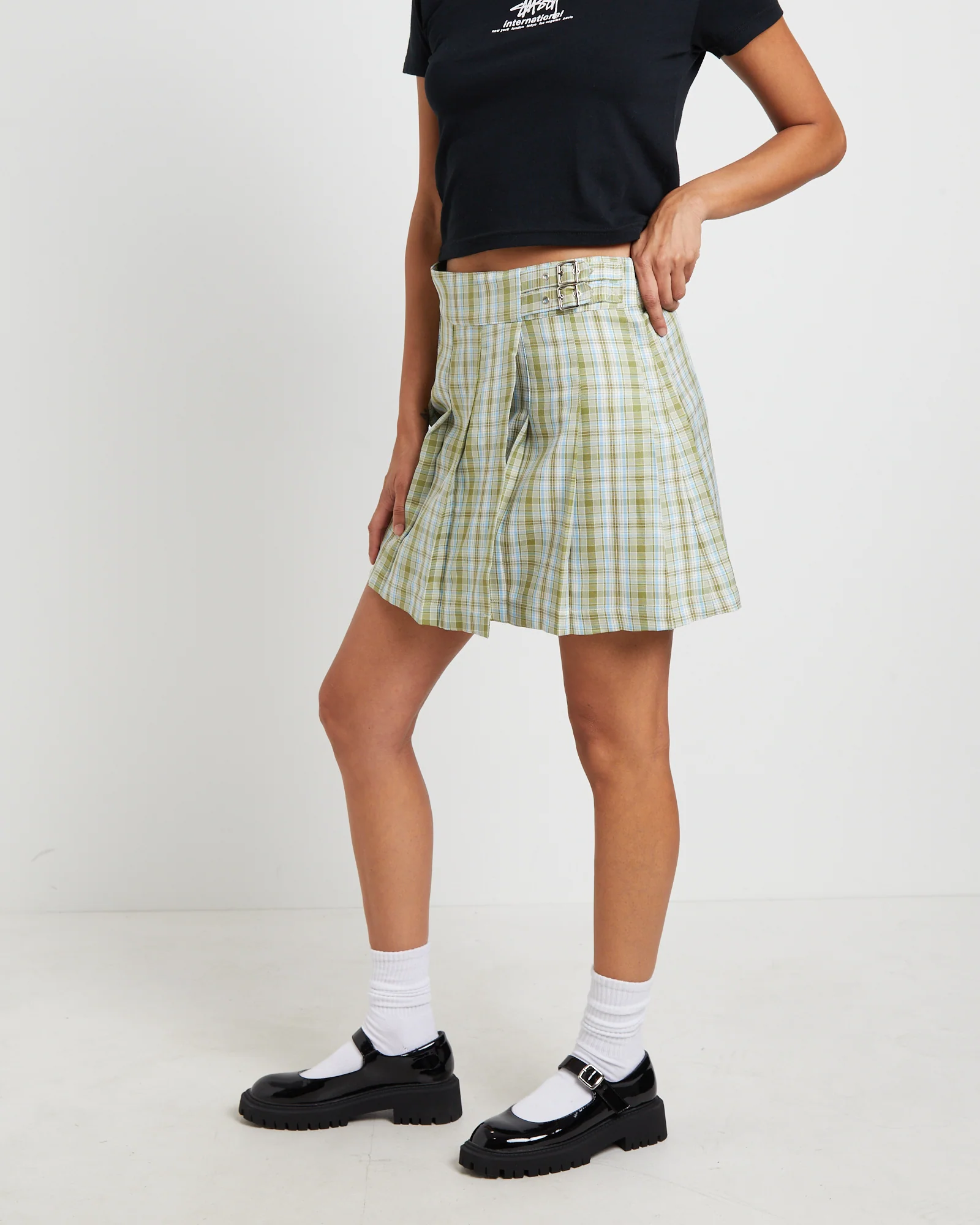 Plaid Pleated Skirt in Army Green - Image 4