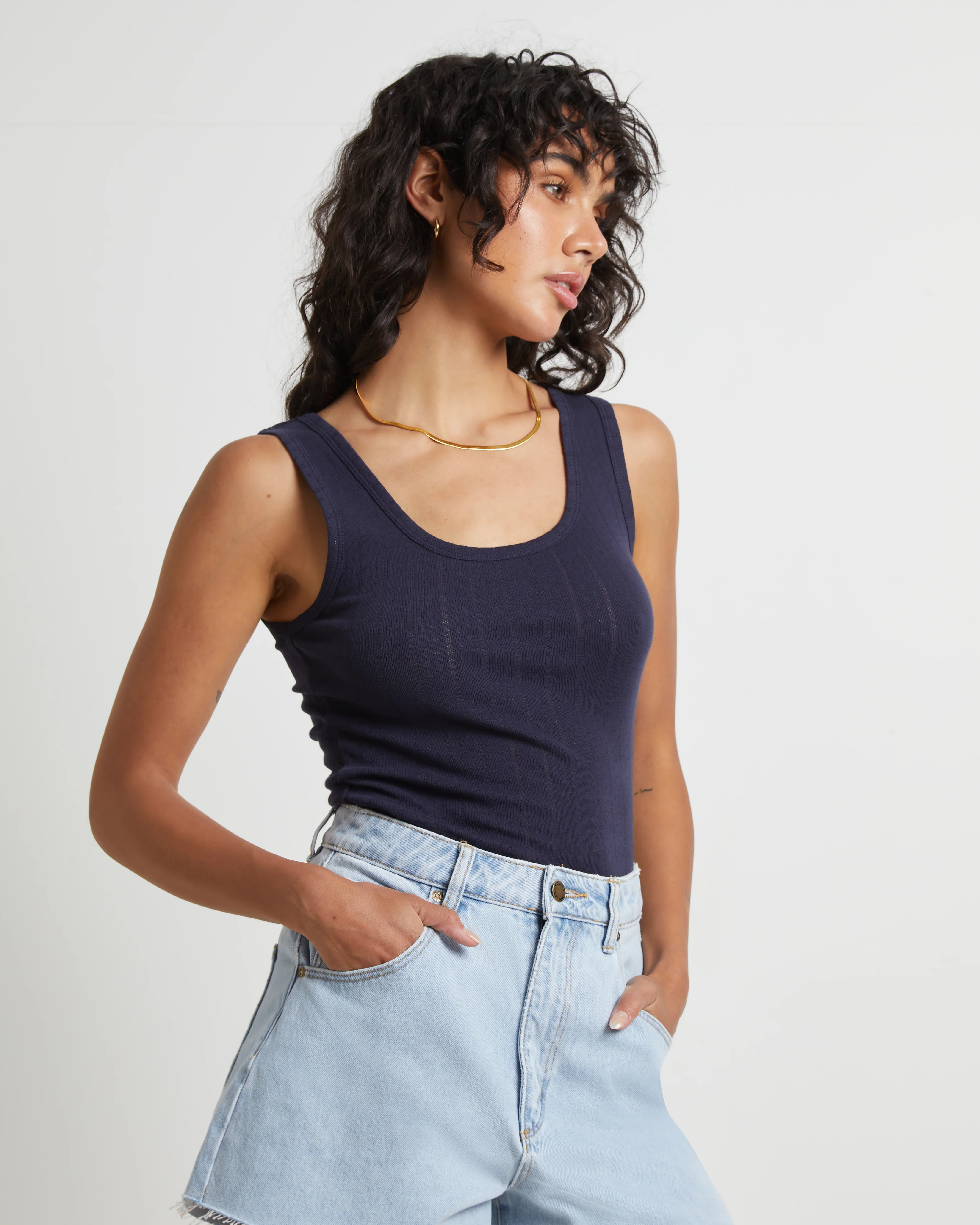 Pointelle Toni Tank Top in Navy - Image 5