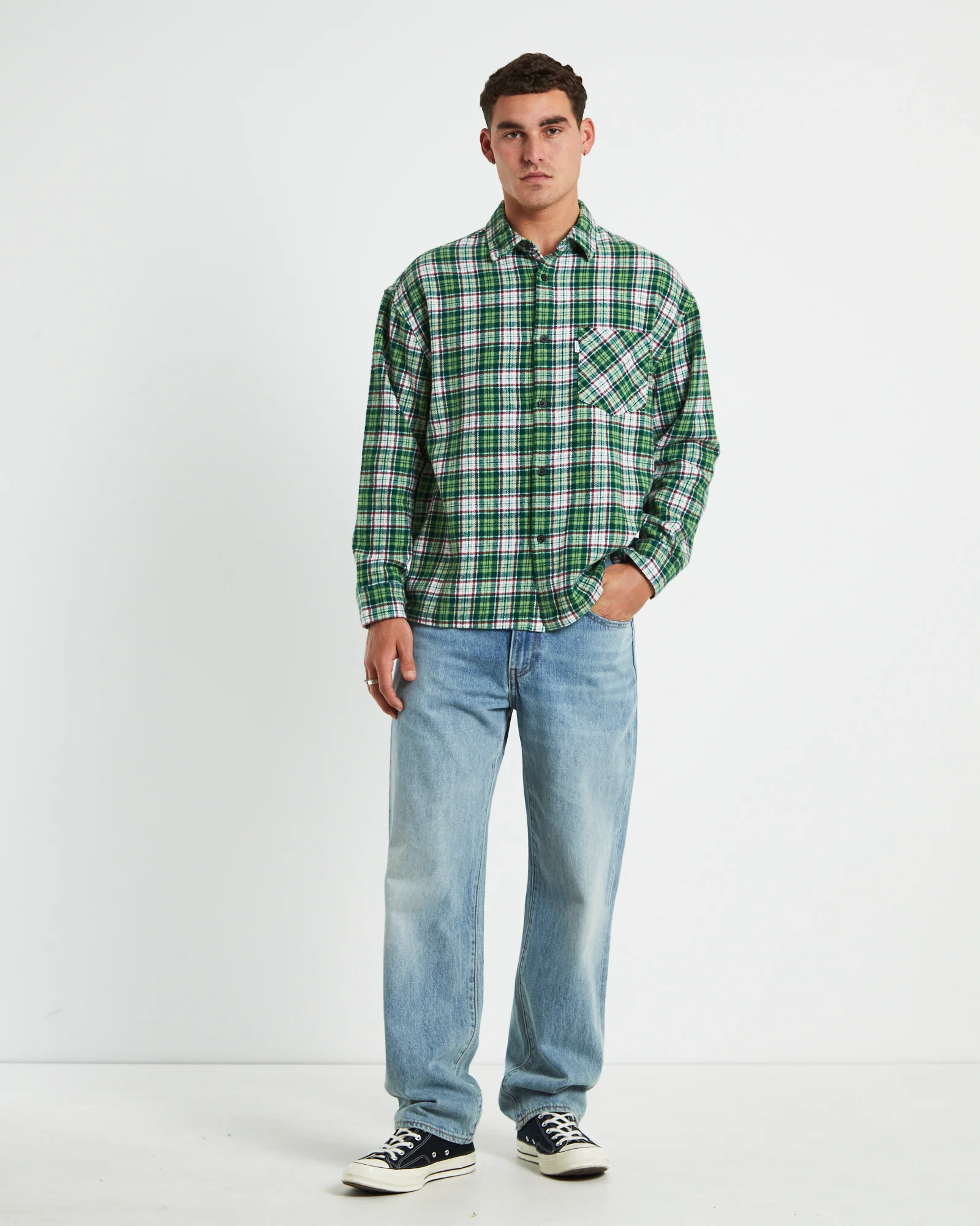 Portland Long Sleeve Flanno Shirt in Teal Green - Image 3