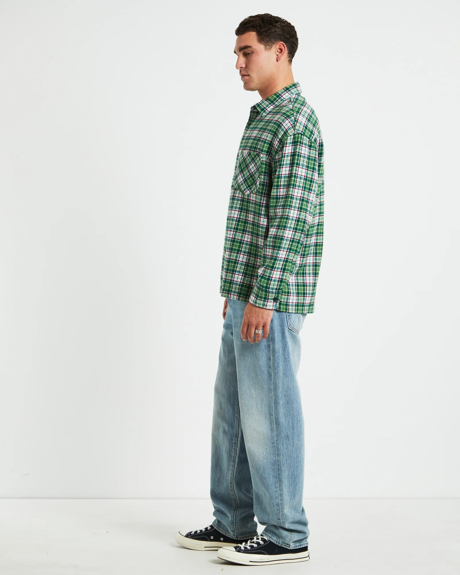 Portland Long Sleeve Flanno Shirt in Teal Green - Image 4