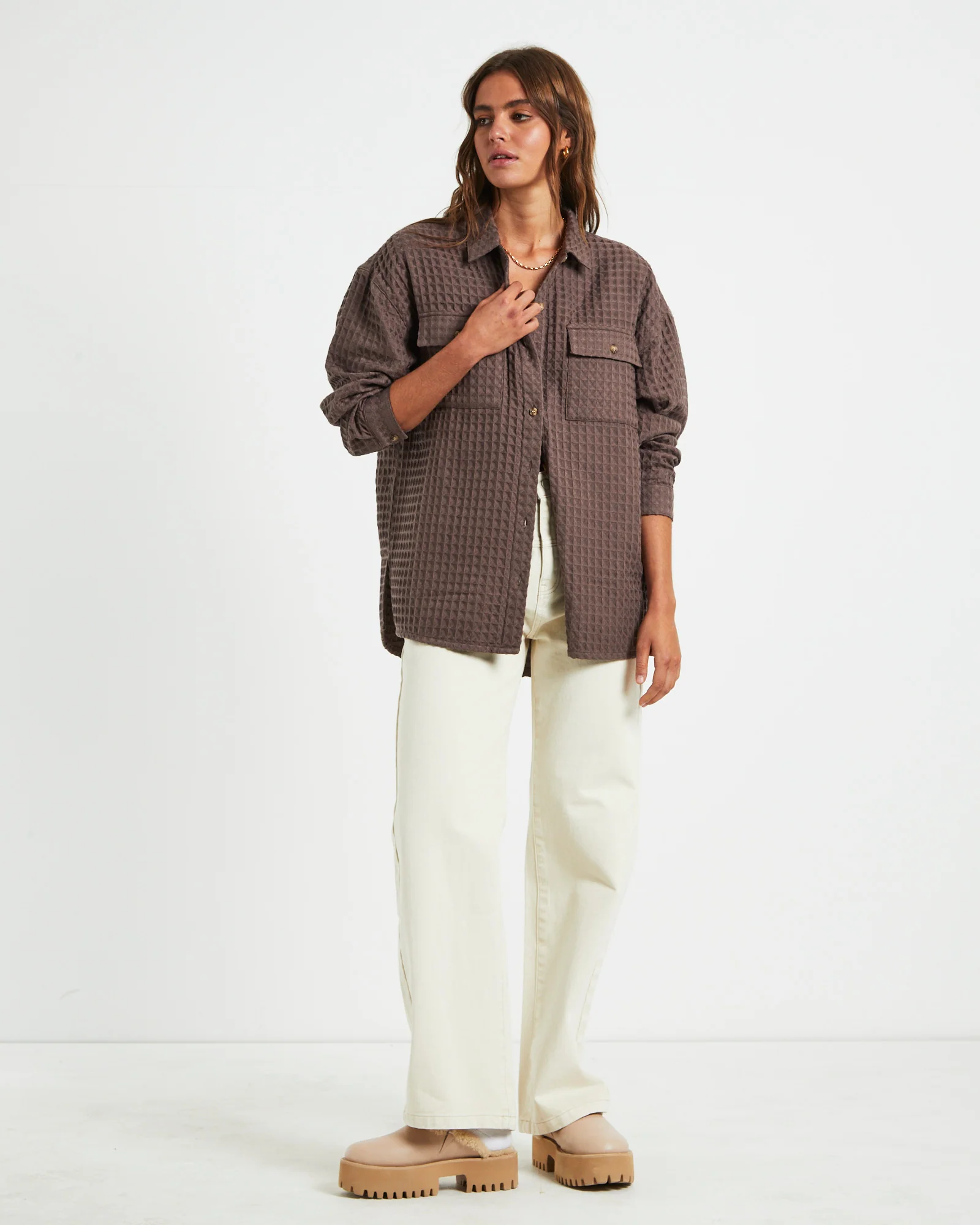 Posey Oversized Waffle Shirt Mocha - Image 4