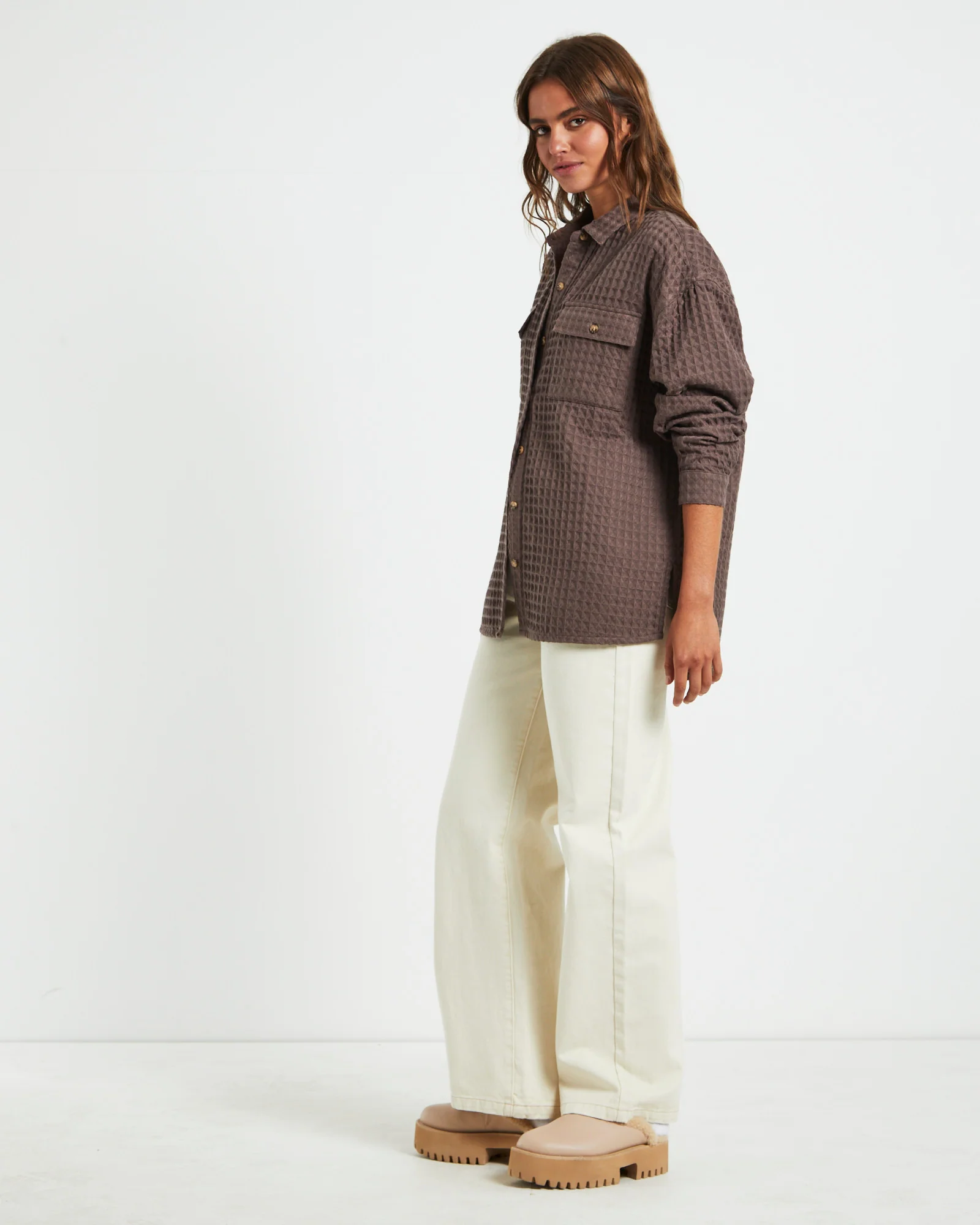 Posey Oversized Waffle Shirt Mocha - Image 5