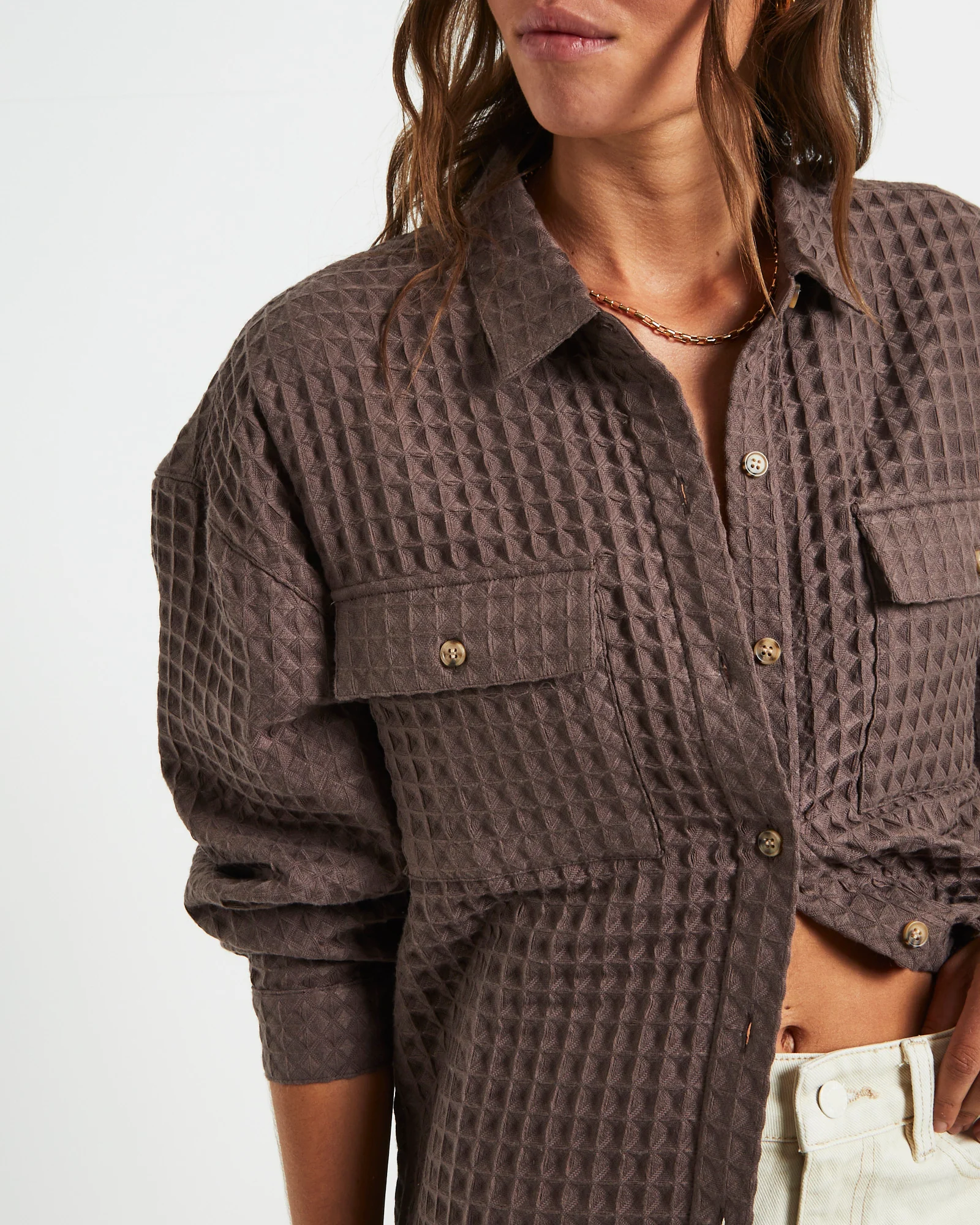 Posey Oversized Waffle Shirt Mocha - Image 7