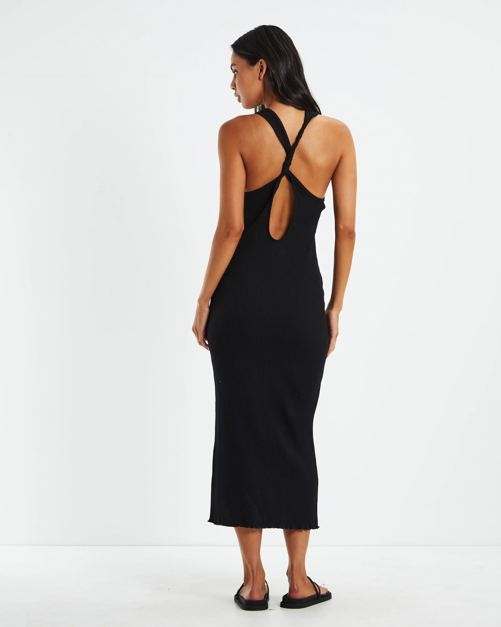 Reeta Ribbed Knit Twist Back Dress Black - Image 2