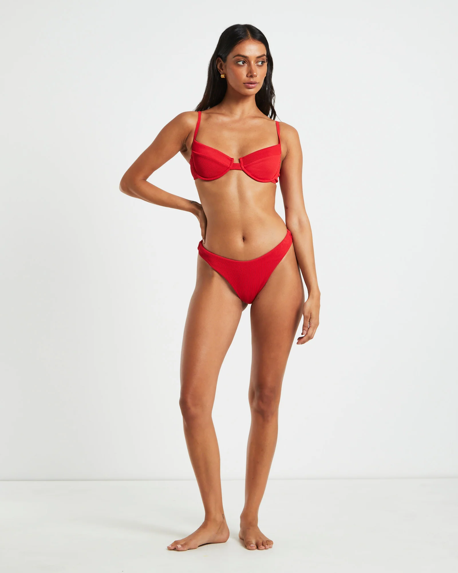 Rib Cheeky Cut Bikini Bottoms in Red - Image 4