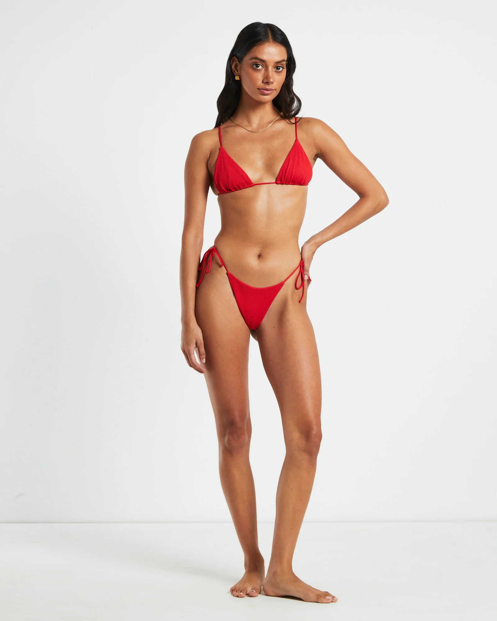 Rib Skinny Strap Triangle Bikini Top in Red - Image 4