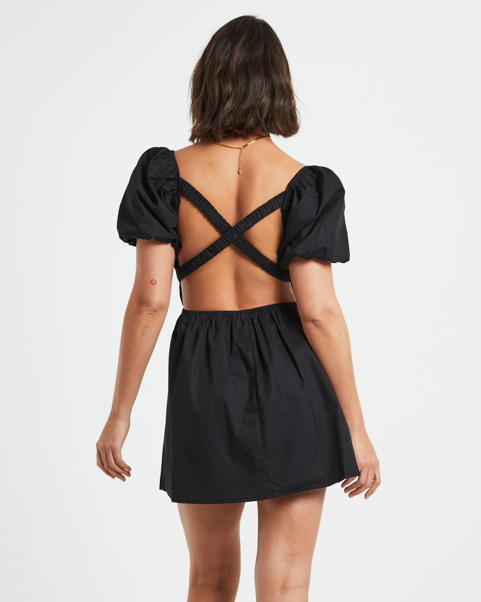 Rylee Backless Puff Sleeve Mini Dress in Black - Image 2