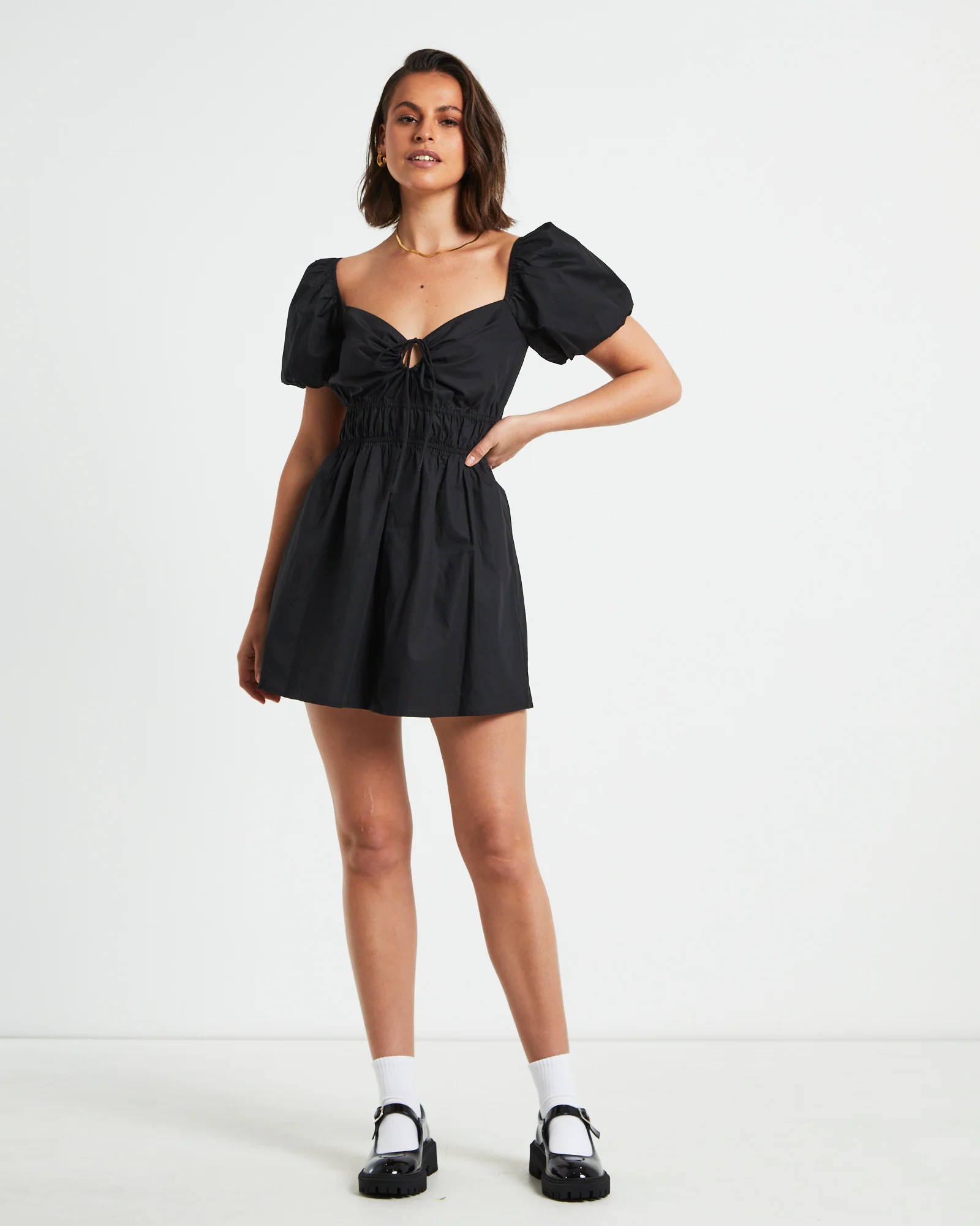Rylee Backless Puff Sleeve Mini Dress in Black - Image 3