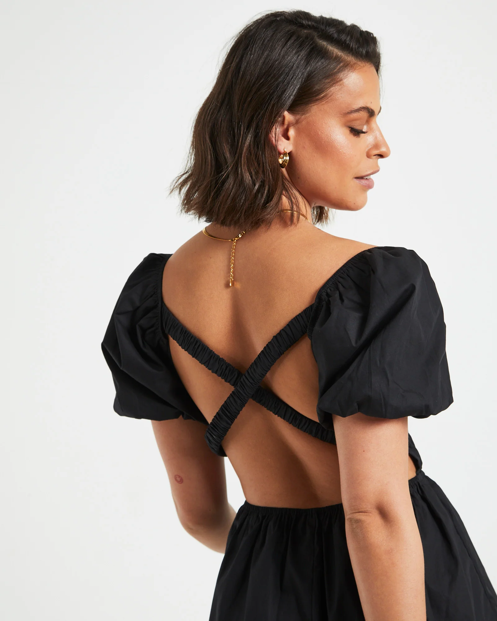Rylee Backless Puff Sleeve Mini Dress in Black - Image 5