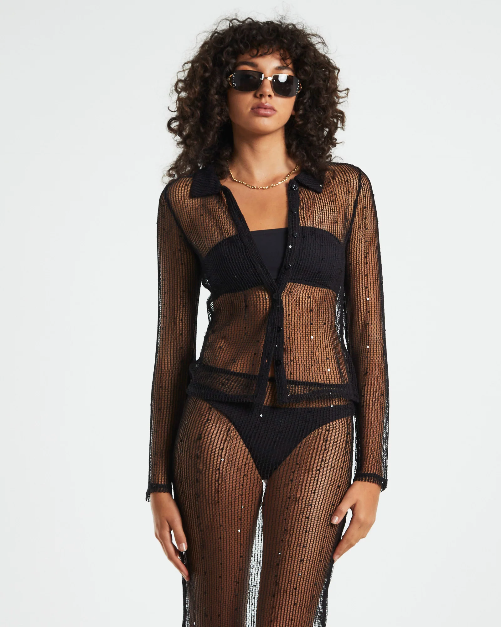 Scarlet Mesh Long Sleeve Knit Shirt Black - Image 5