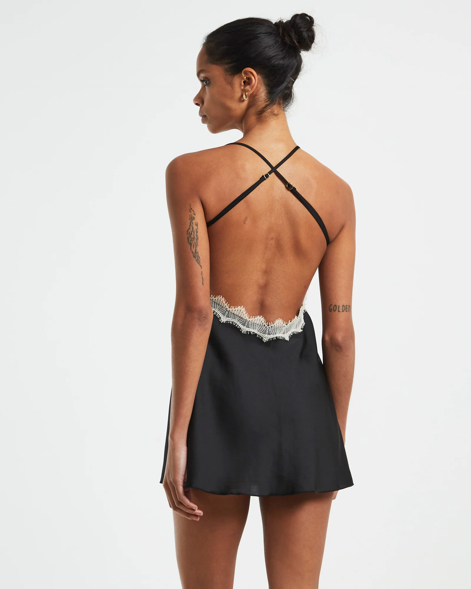 Serena Contrast Lace Cross Back Slip Dress Black/White - Image 2