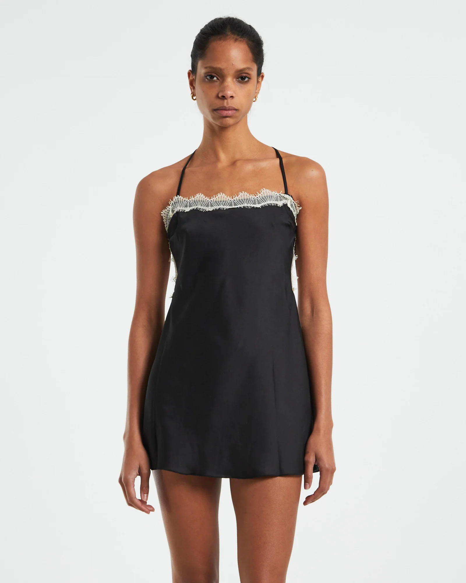 Serena Contrast Lace Cross Back Slip Dress Black/White - Image 5