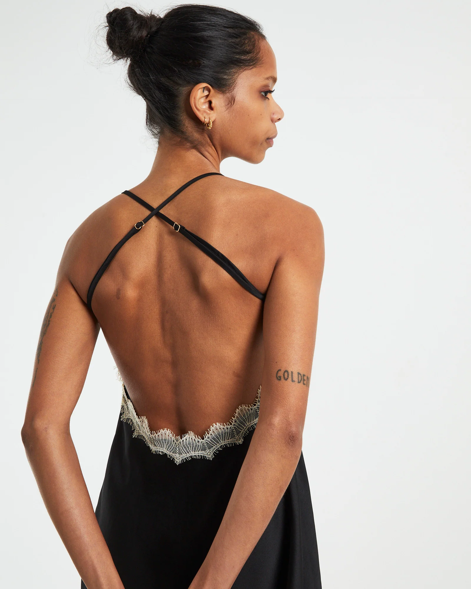Serena Contrast Lace Cross Back Slip Dress Black/White - Image 6