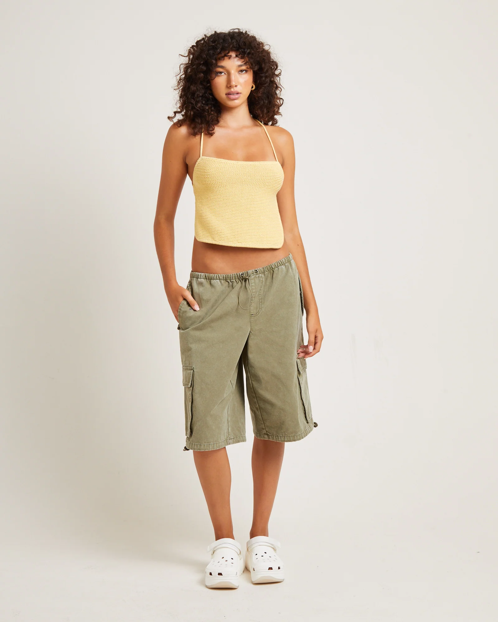 Shallows Cargo Jort Shorts in Khaki - Image 3