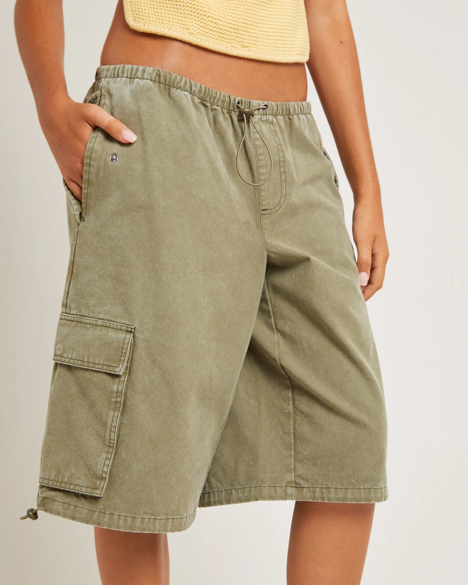 Shallows Cargo Jort Shorts in Khaki - Image 5