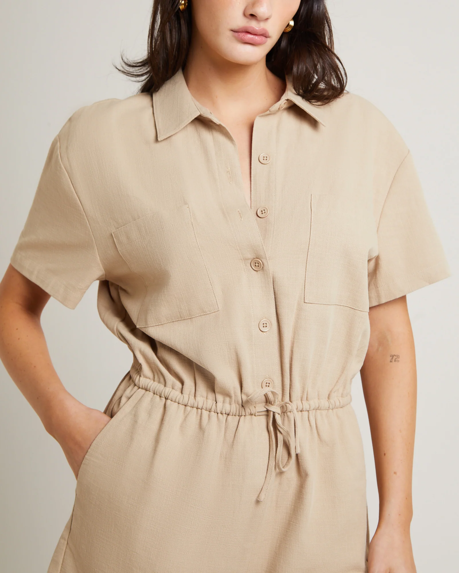 Shelly Short Sleeve Playsuit in Oat - Image 5