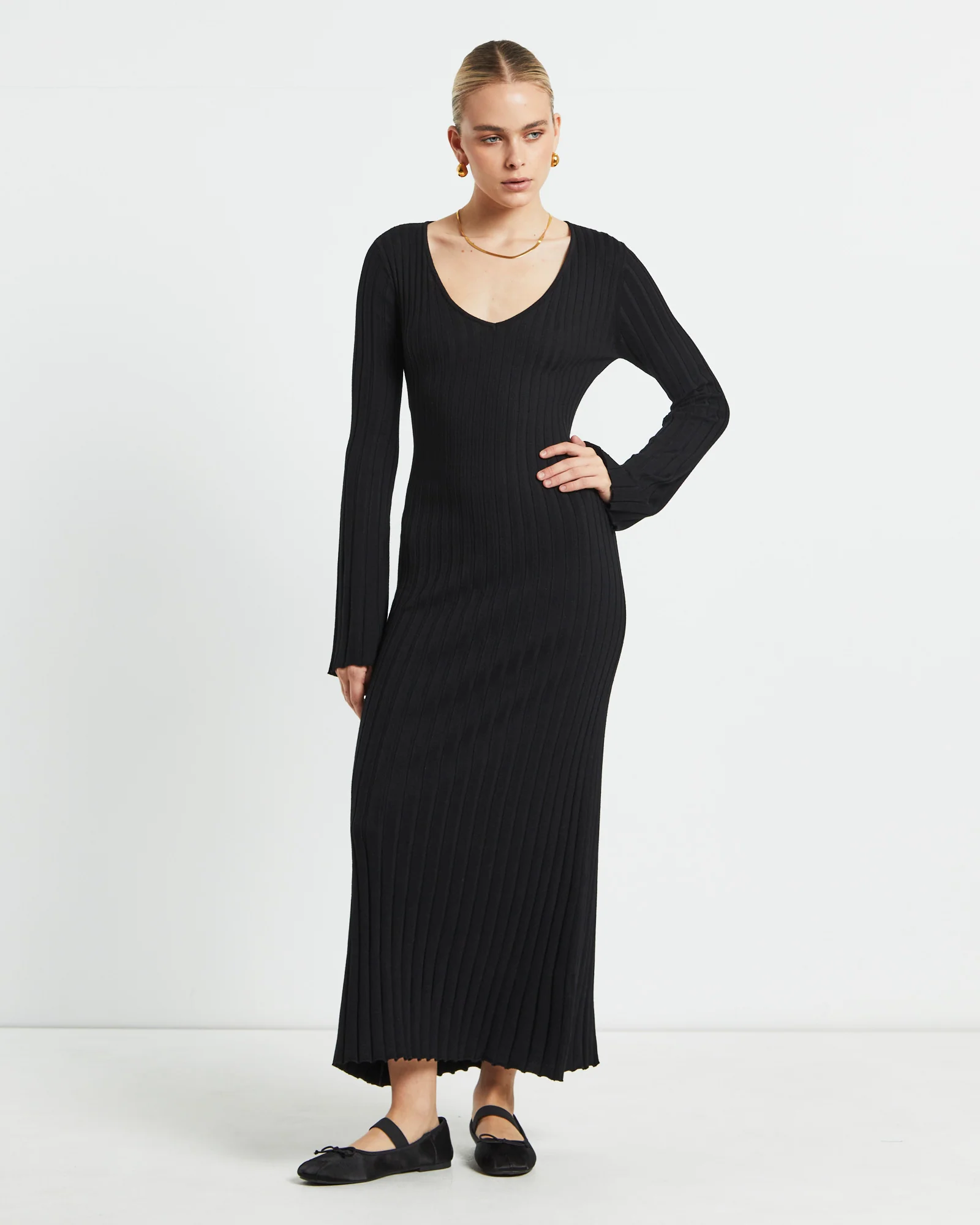 Sophie Long Sleeve Rib Knit Dress Black - Image 4